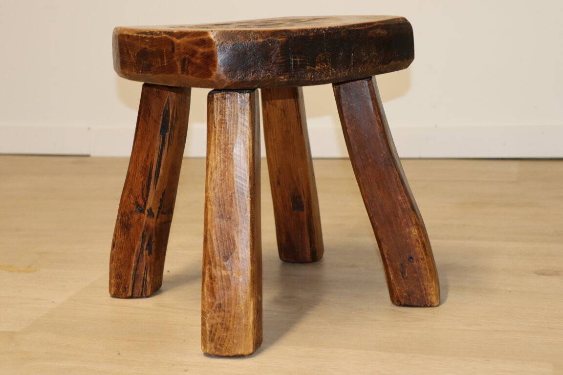 Vintage brutalist low stool in solid ash, 1960s