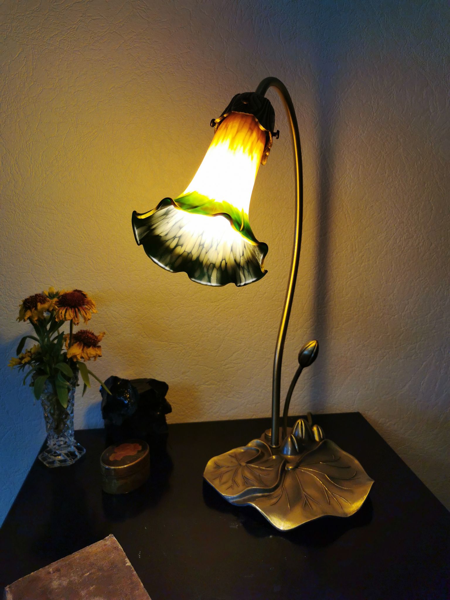 Brass water lily lamp and glass paste, art nouveau style.