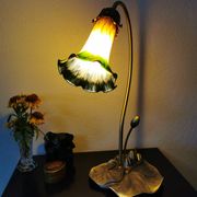 Brass water lily lamp and glass paste, art nouveau style.