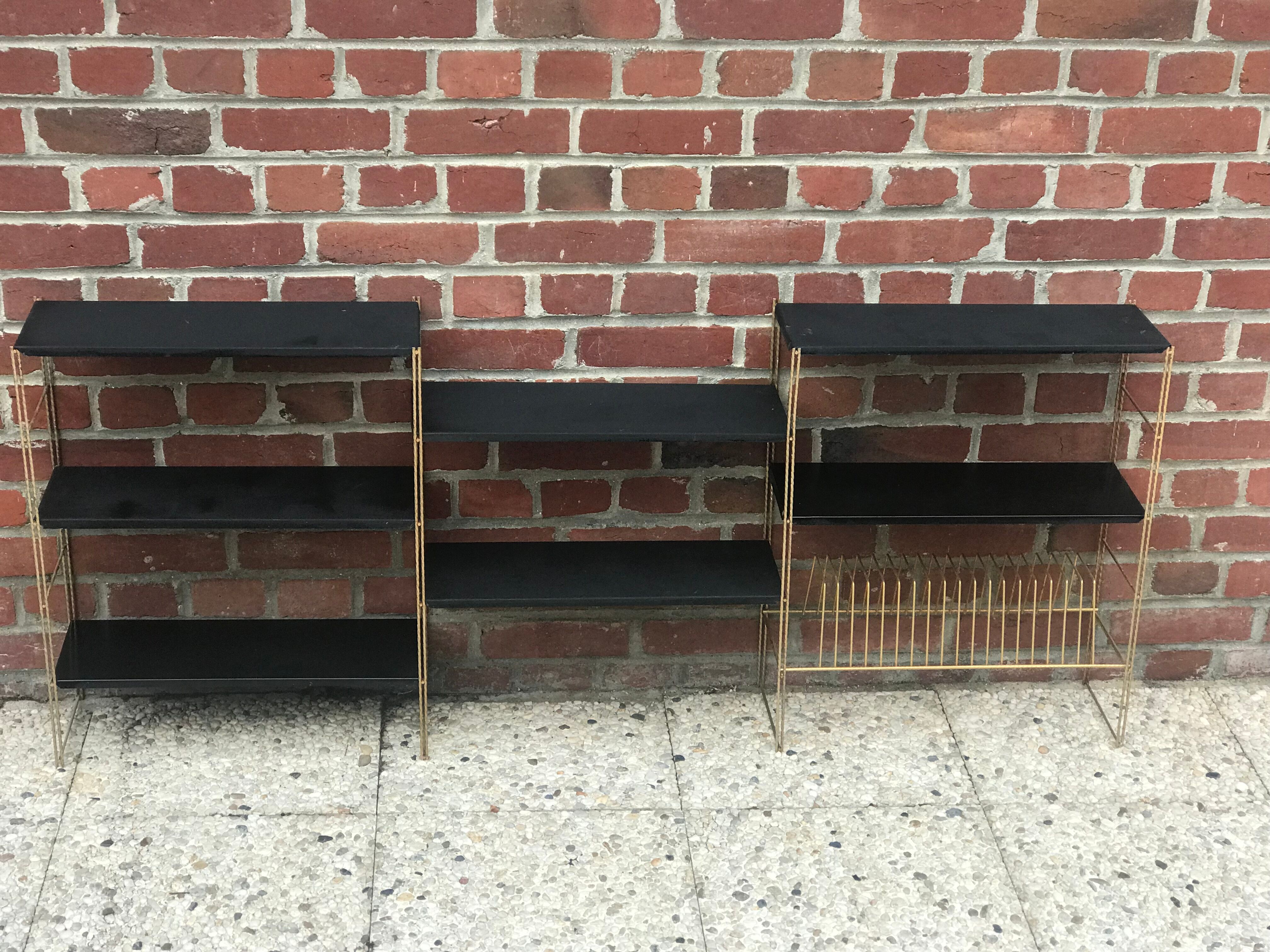 Black and gold metal string shelf with vinyl holder - vintage 1960