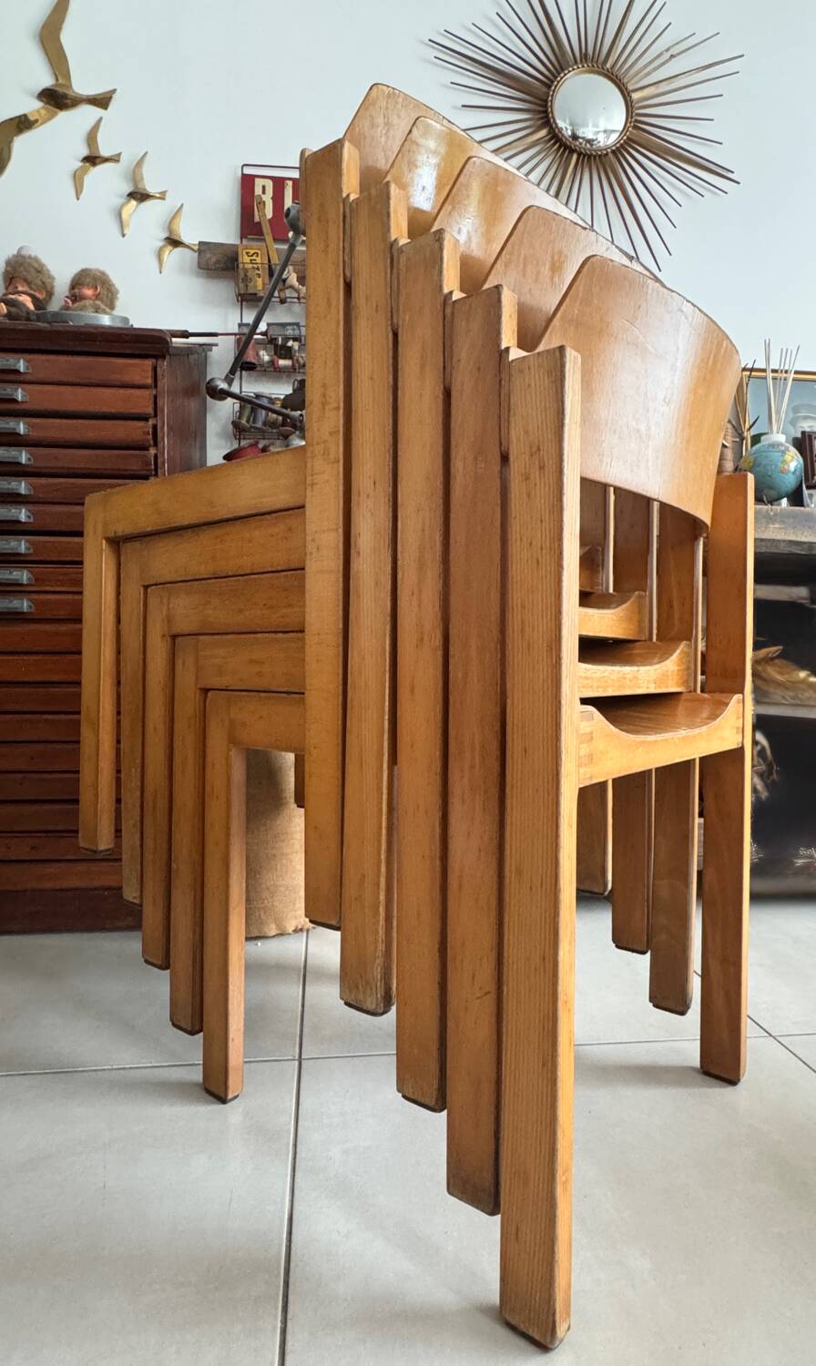 5 vintage stackable chairs — Rainer Schell Schlapp Möbel 1960s