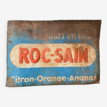 Grande plaque publicitaire ancienne en tôle peinte, limonade Roc Sain, 1920