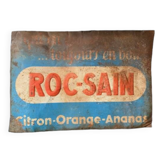 Grande plaque publicitaire ancienne en tôle peinte, limonade Roc Sain, 1920