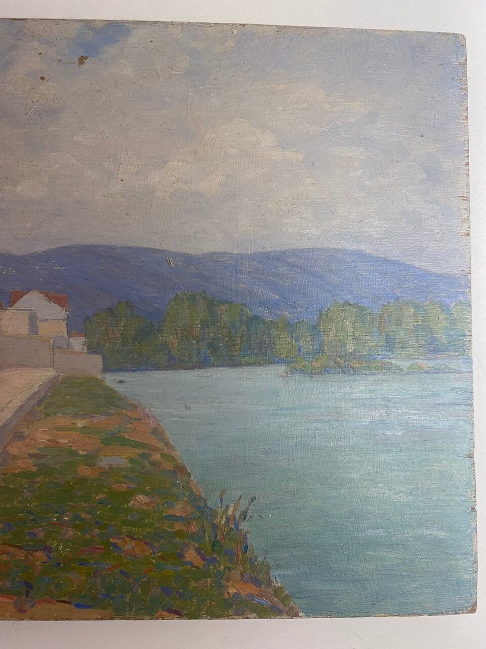 Tableau ancien, double face, paysage bord de Saône, début XX siècle