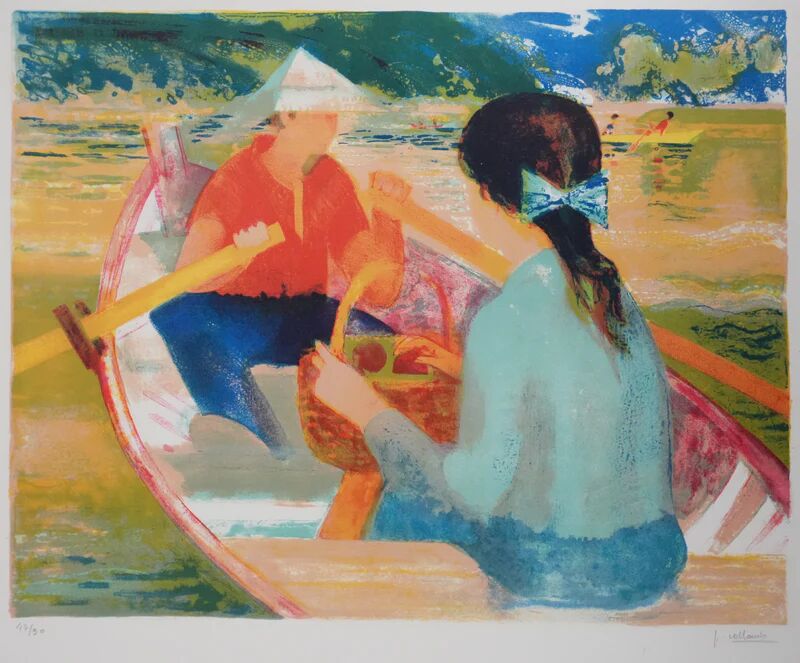 Paul COLLOMB : Barques au bois de Boulogne, lithographie originale signée