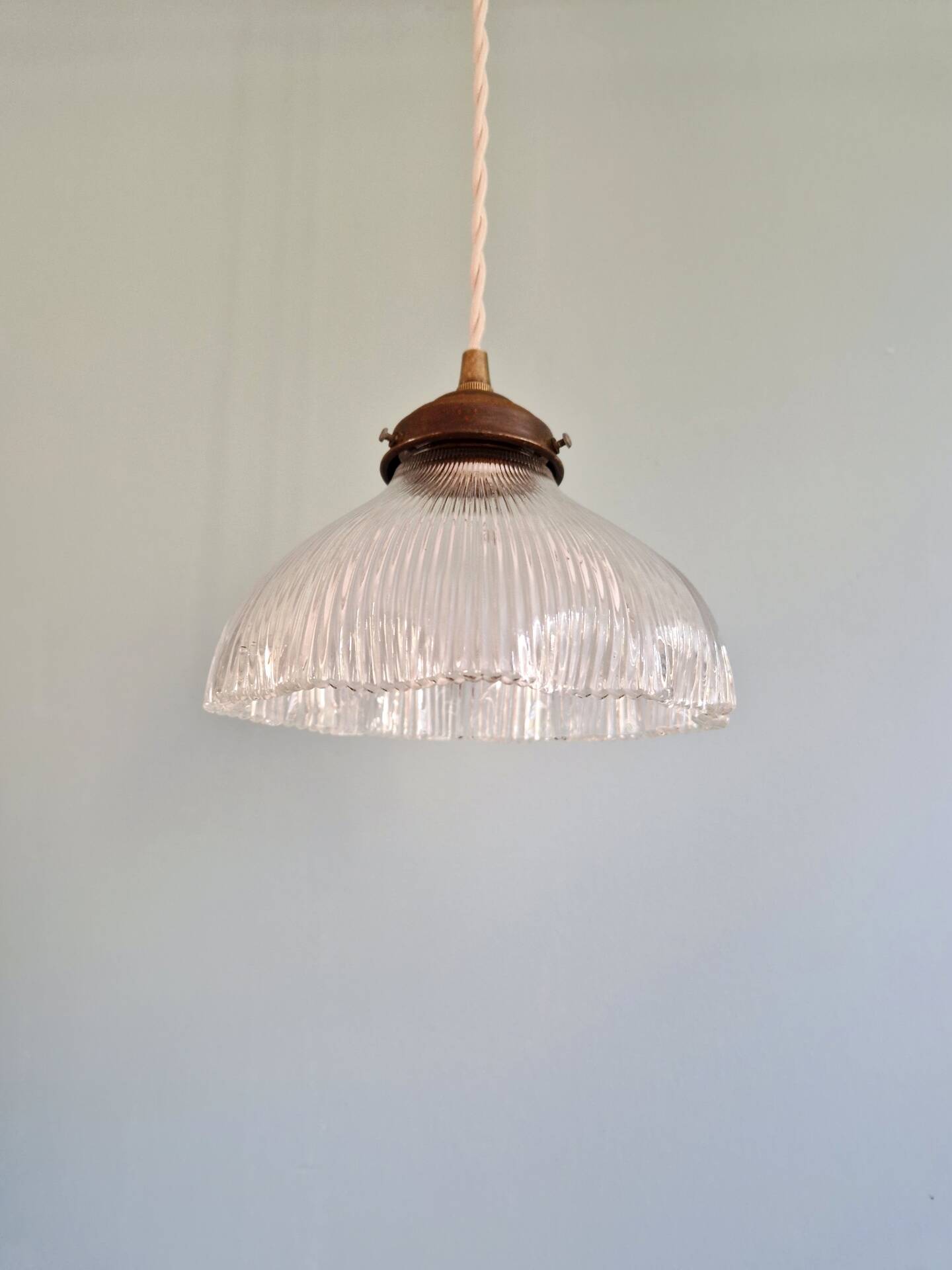 Art Deco ribbed glass suspension, Holophane, 1920-30