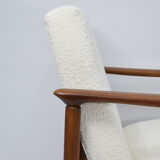 Fauteuil vintage original restauré poil de bras, designer E. Homma, années 1960, blanc bouclé