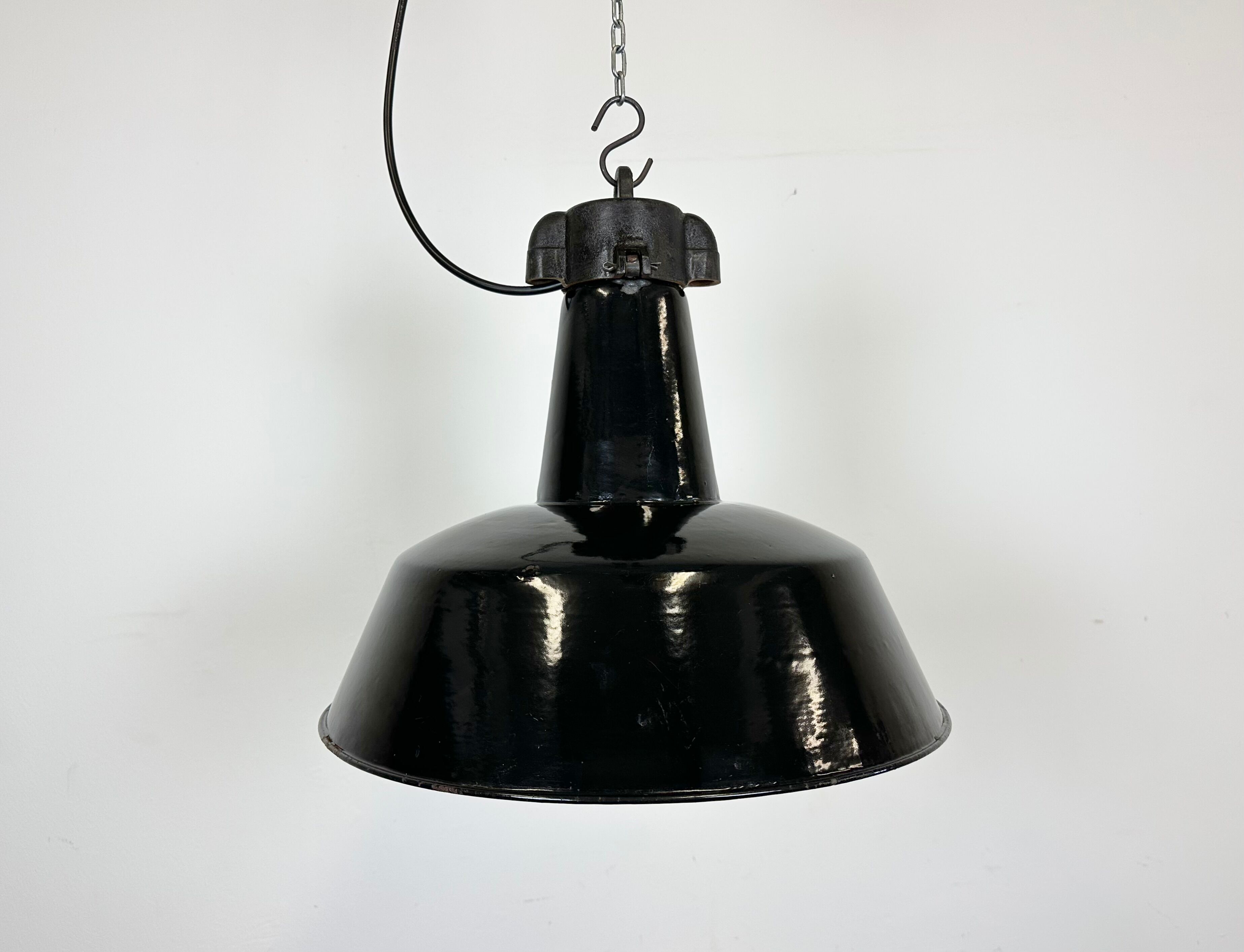 Industrial Black Enamel Factory Lamp with Cast Iron Top, 1950s