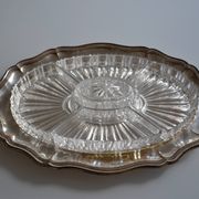 Plat serviteur apéritif métal argenté poinçon HKE et verre