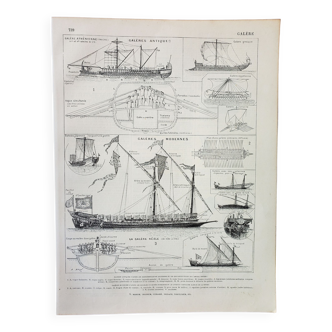 Engraving • Galley, boat, ship, sail • Original and vintage poster from 1898