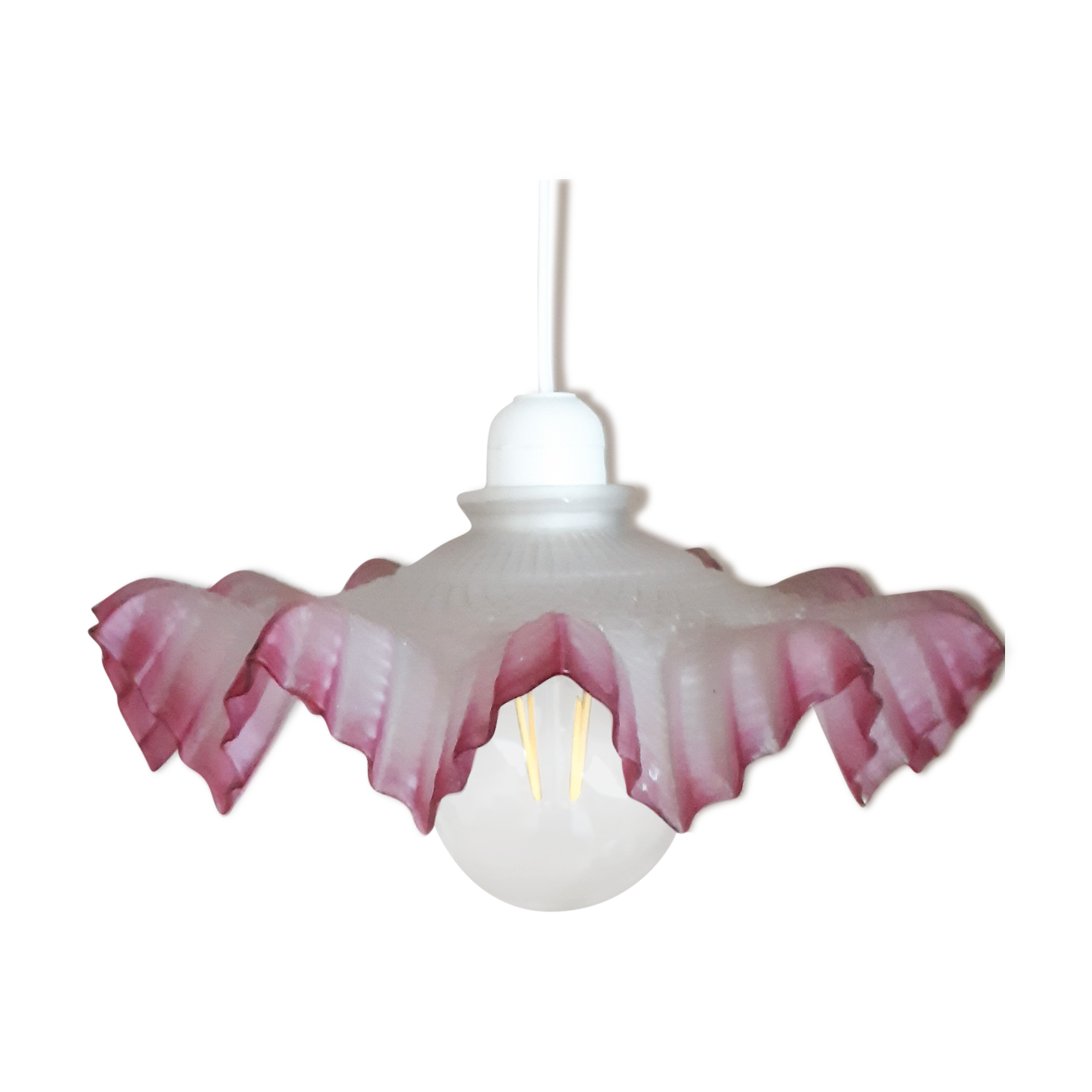 Suspension en verre givré blanc et rose