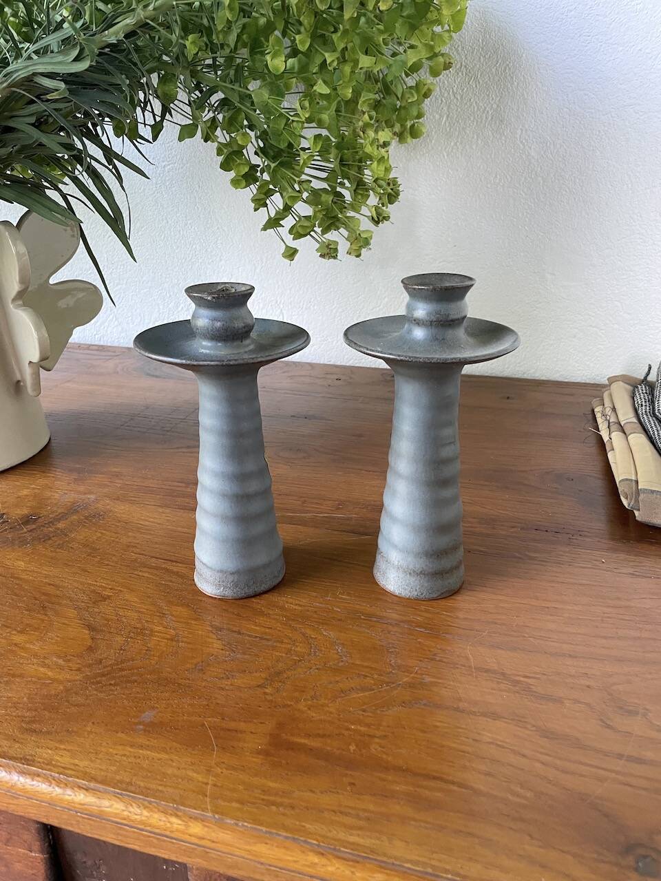 Pair of gray stoneware candlesticks