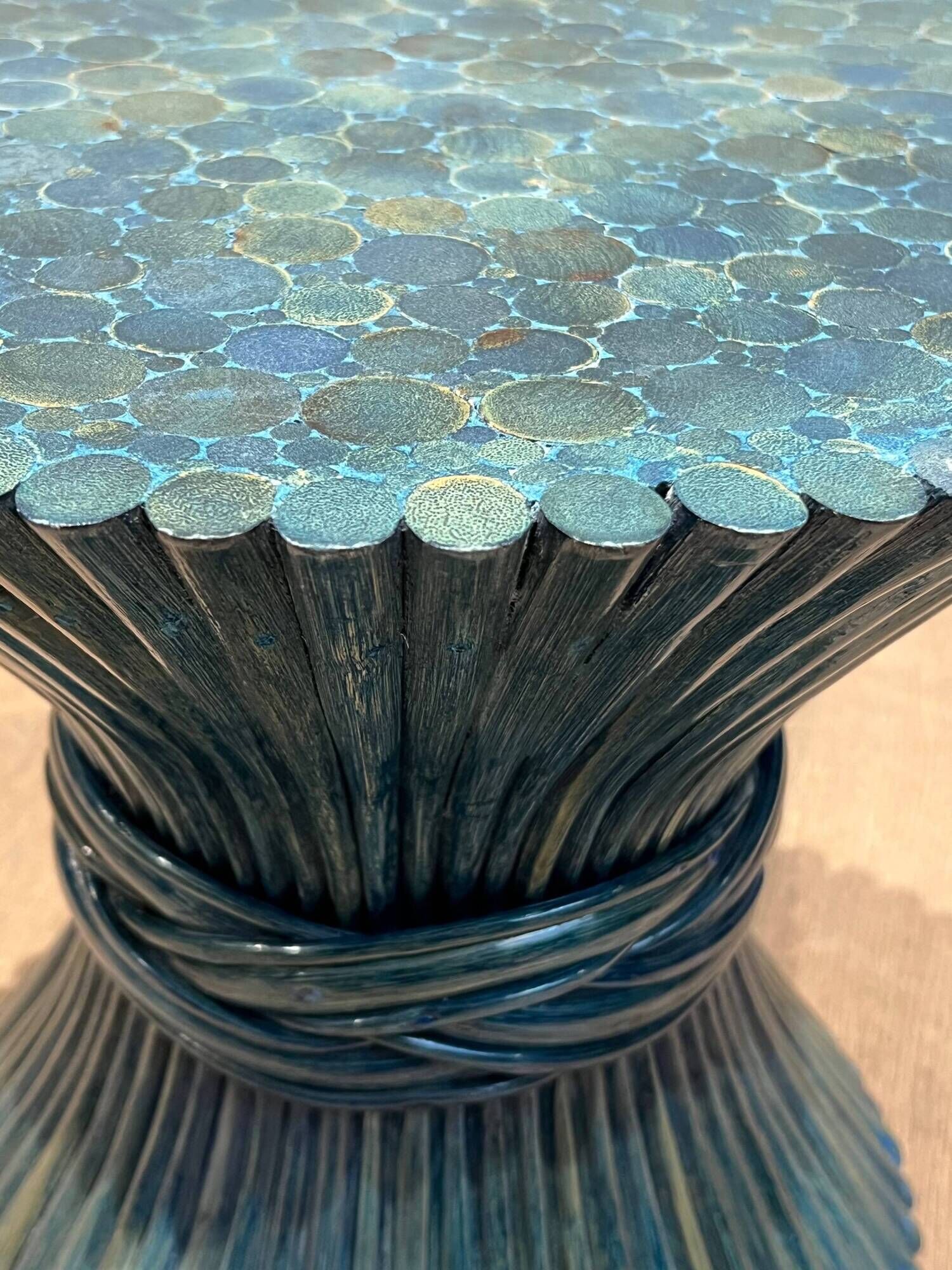 Pair of Bamboo Side Tables in the Shape of a Wheat Sheaf. Turquoise Lacquered.