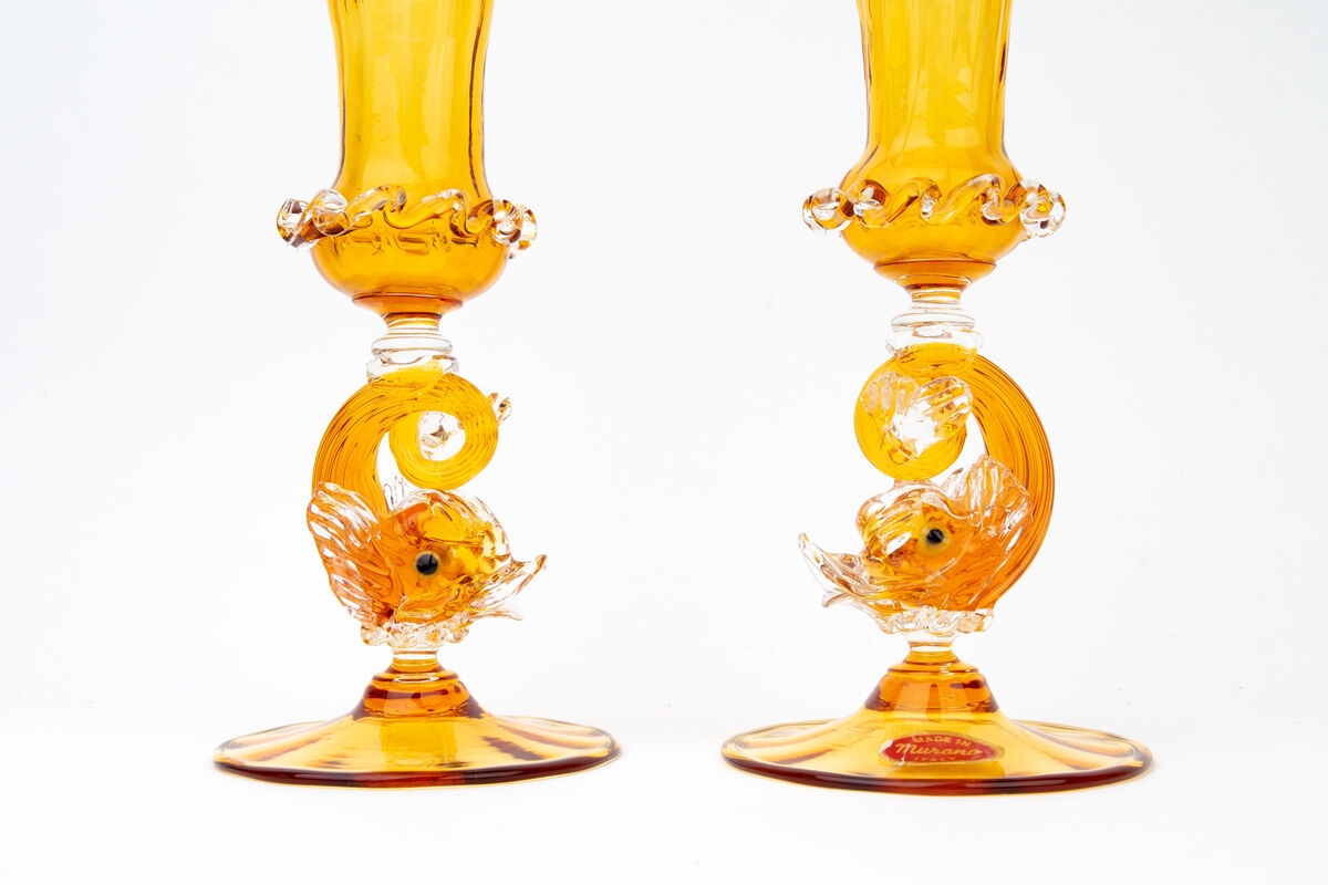 Pair of Hand Blown Salviati Venetian Dolphin Figural Candleholders