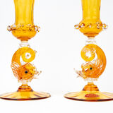 Pair of Hand Blown Salviati Venetian Dolphin Figural Candleholders