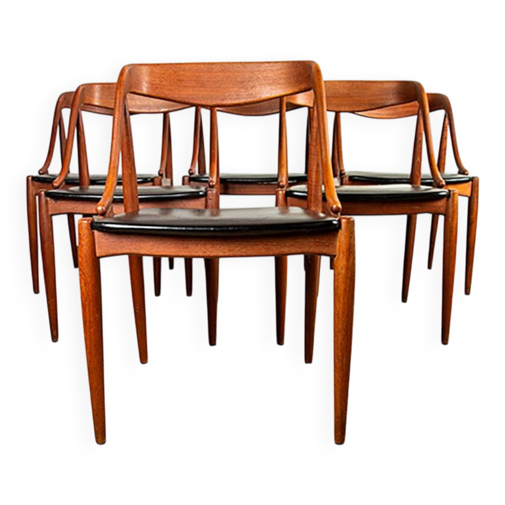 Set of 6 Danish chairs in teak and skai, model 16, Johannes Andersen.