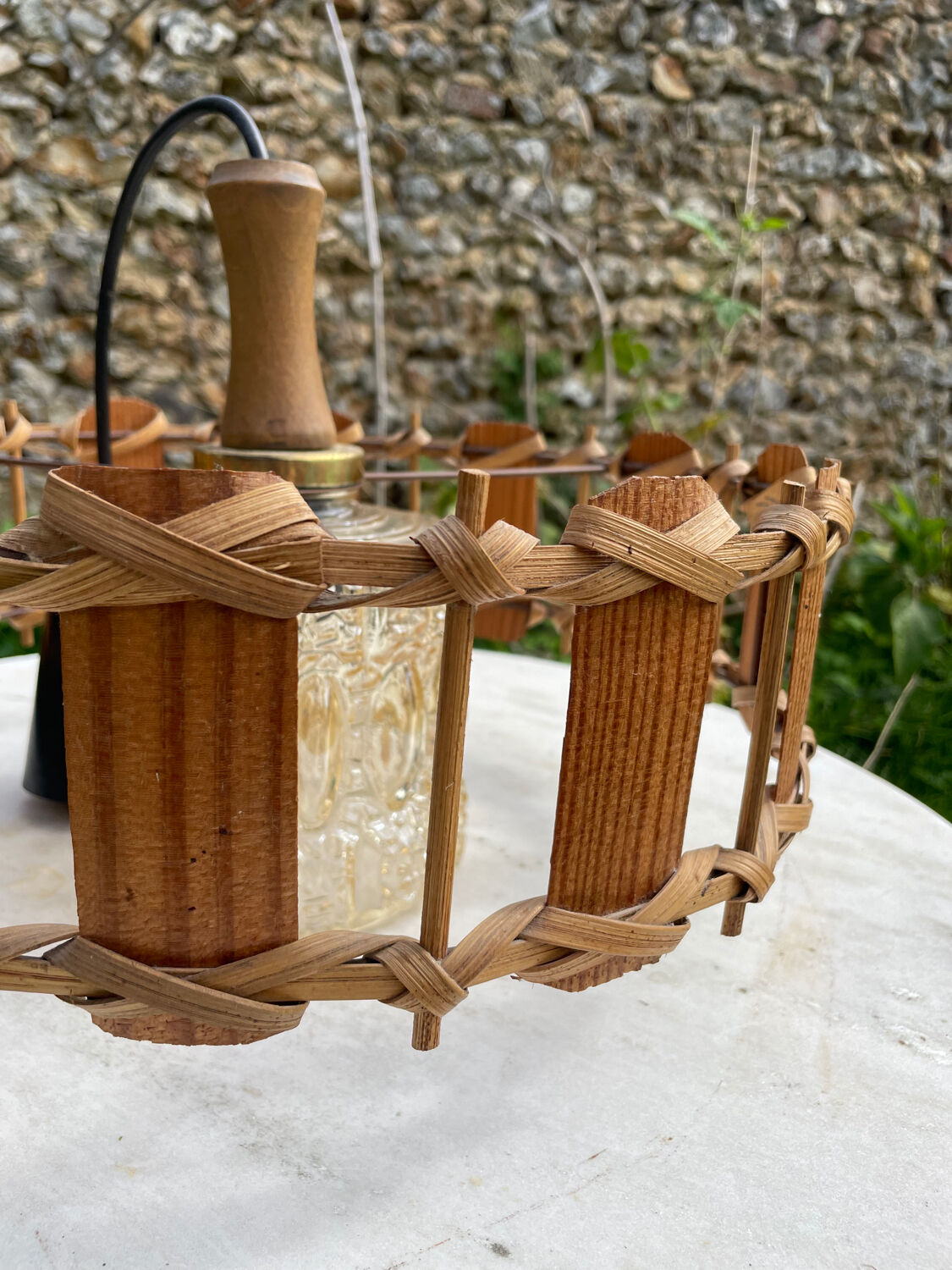 Rattan wood and glass pendant light 1970