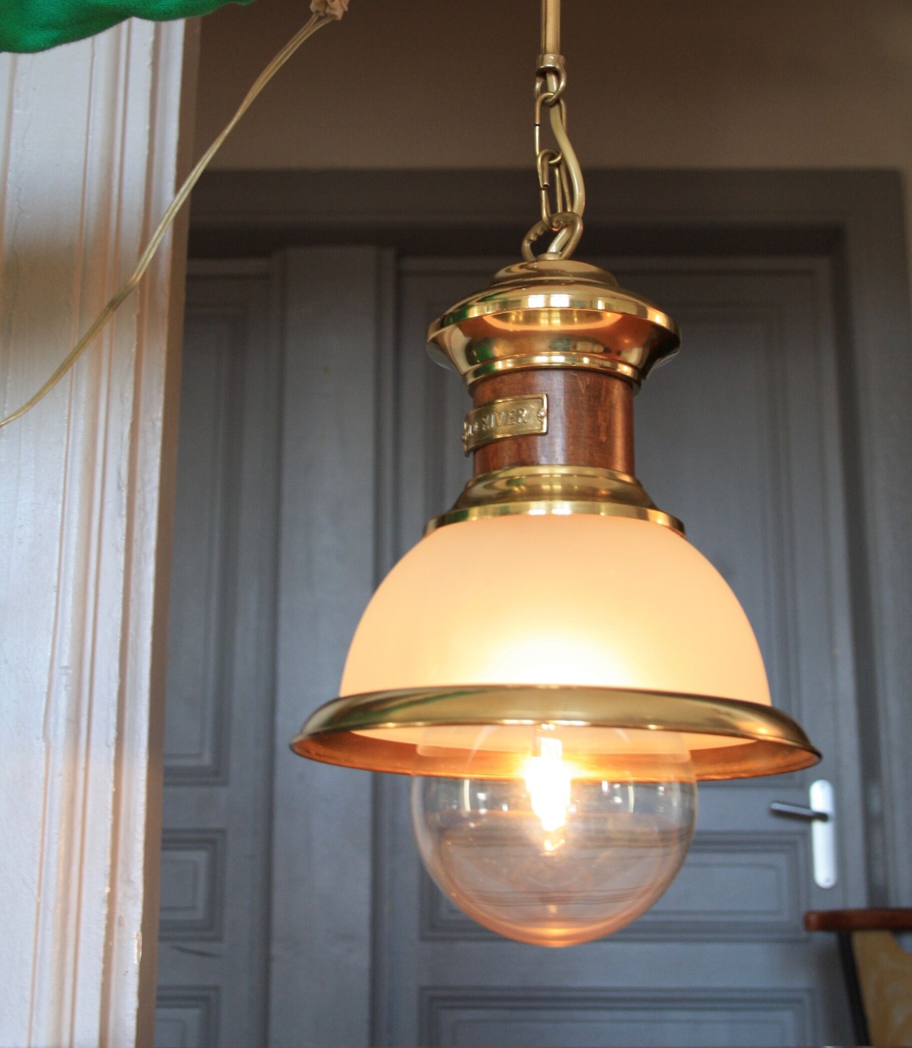 Chandelier old river wood brass glass