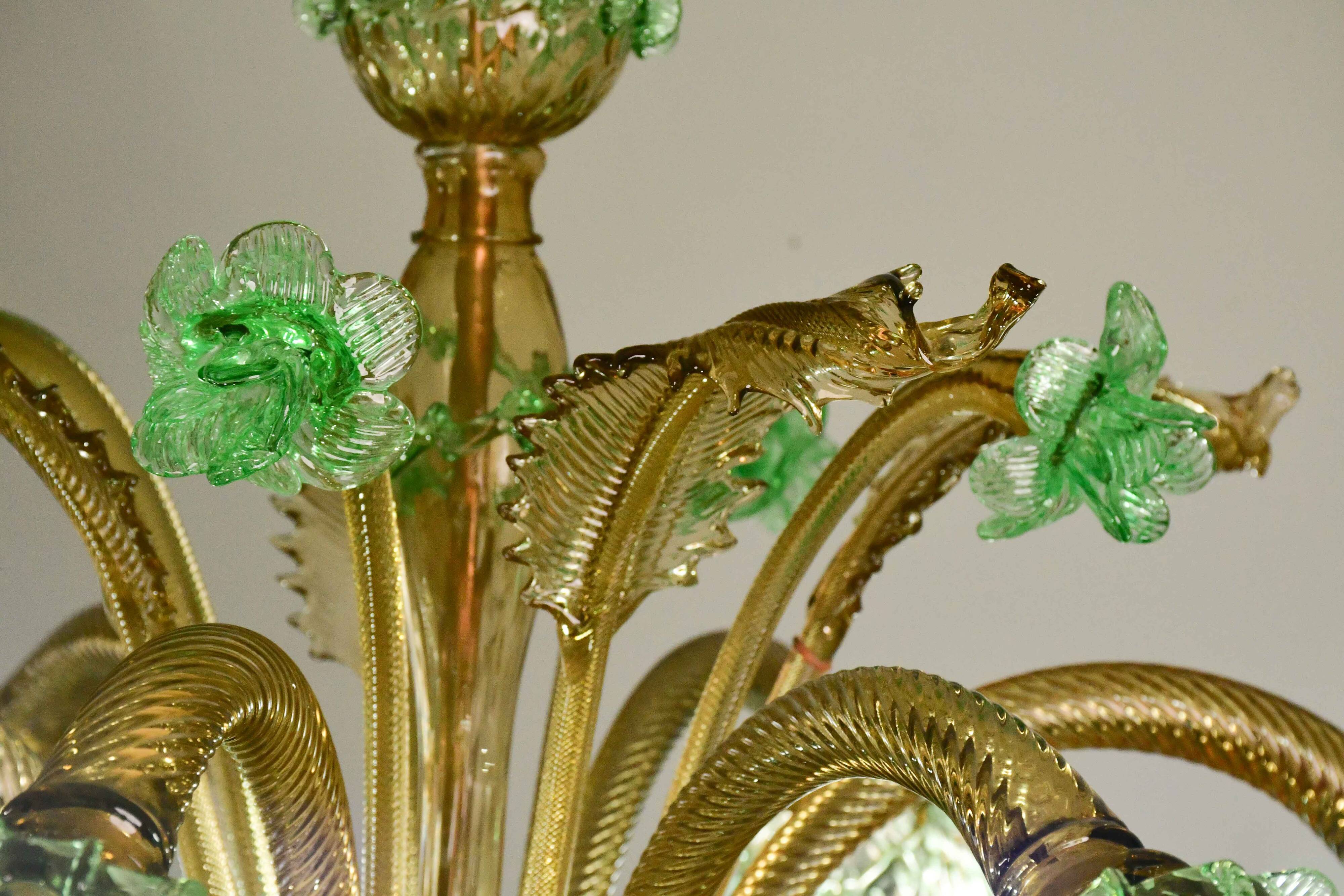 6 arms vintage Venetian chandelier, green Murano glass, 1950s