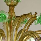 6 arms vintage Venetian chandelier, green Murano glass, 1950s