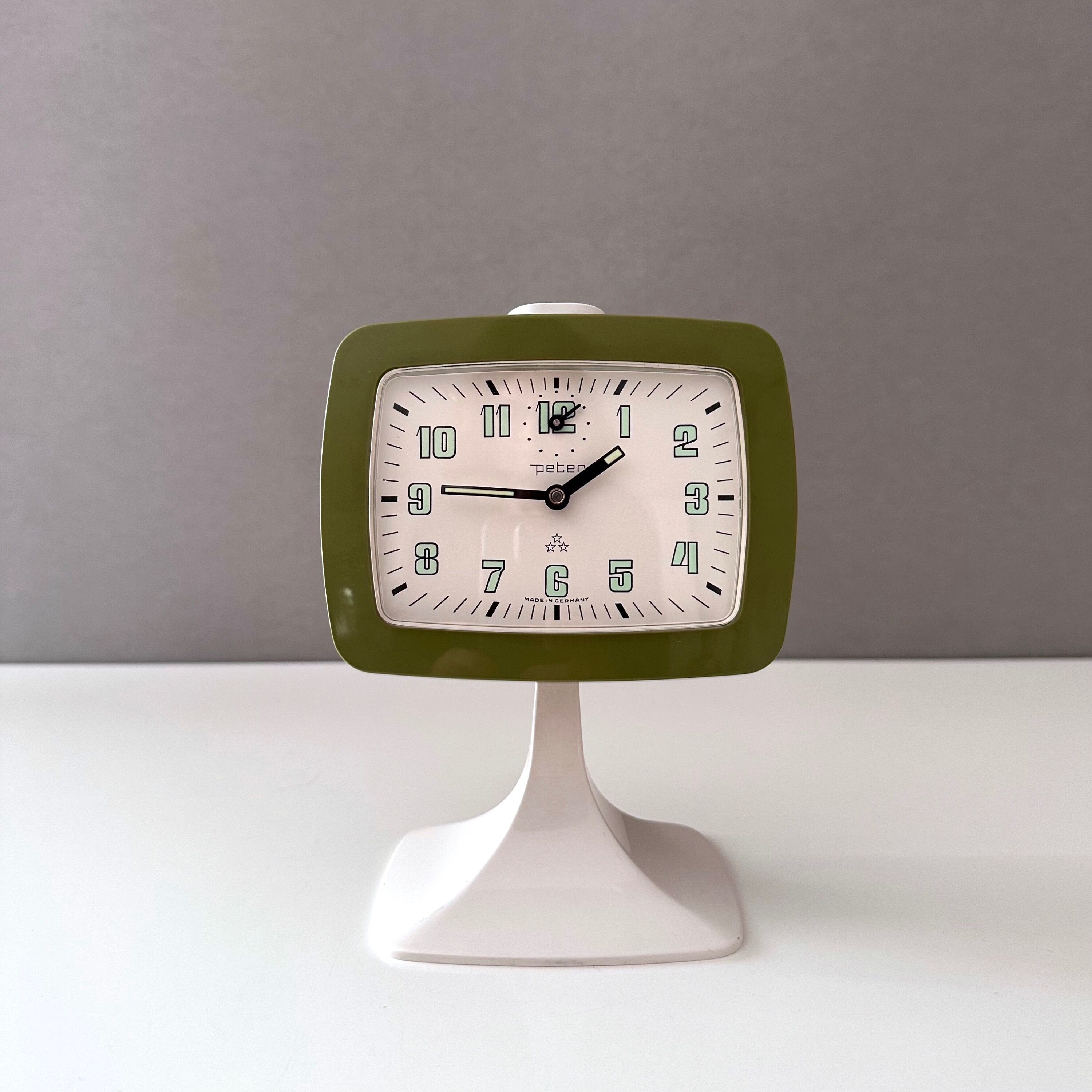 Green Space Age alarm clock with base by "Peter Germany",  NOS, 70's interior