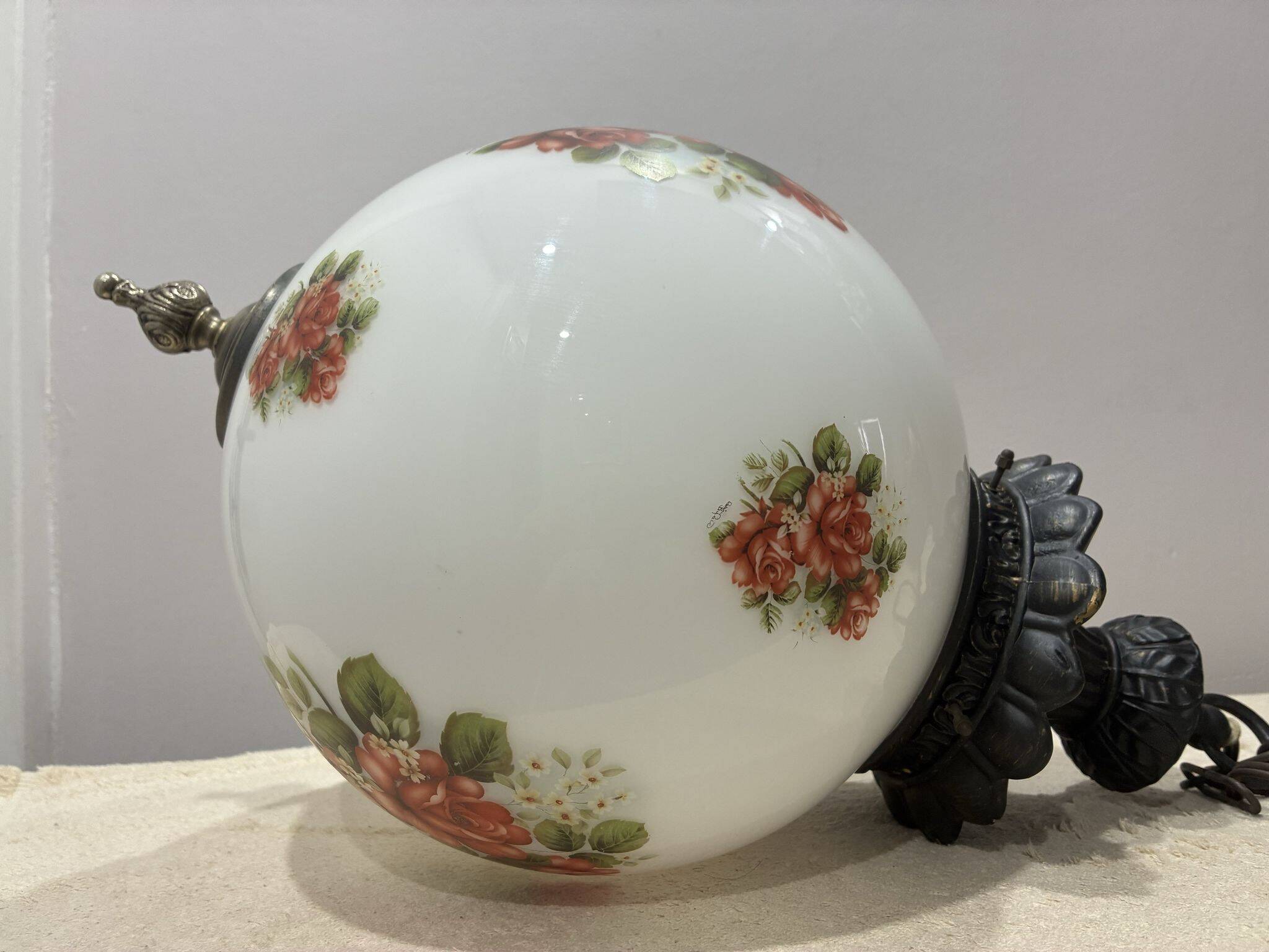 Massive opaline glass pendant light with rose decor, 1970s