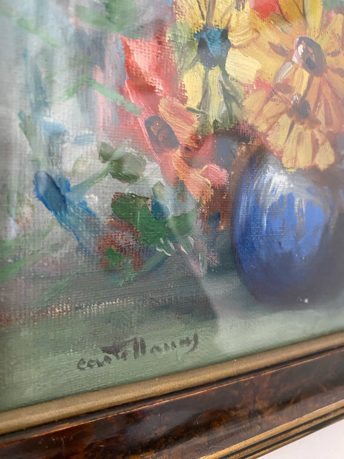 Painting on canvas, bouquet of flowers in a vase.