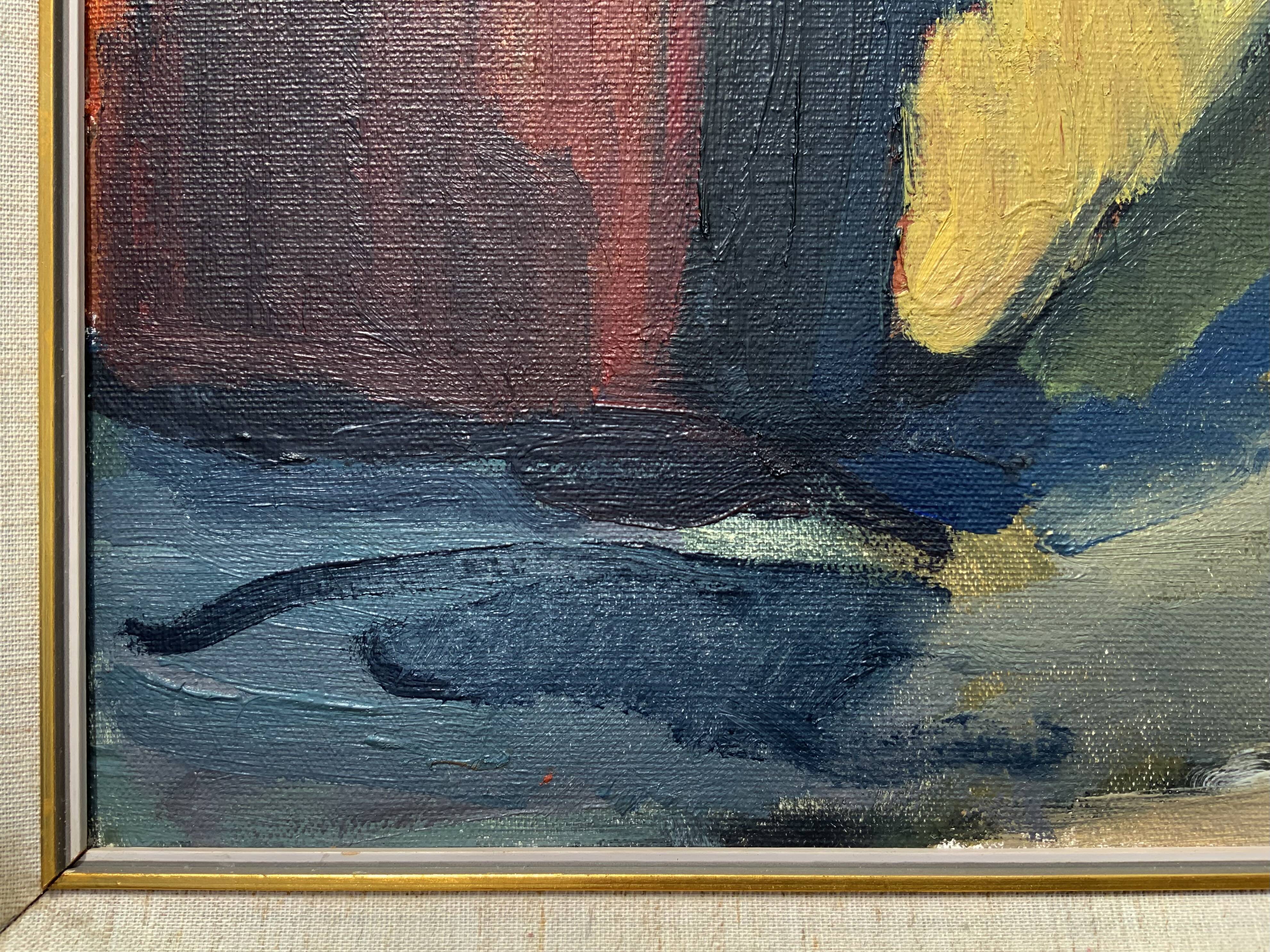 Peinture à l'huile sur toile expressionniste vintage "Maisons de bateaux", Stig Delang 76