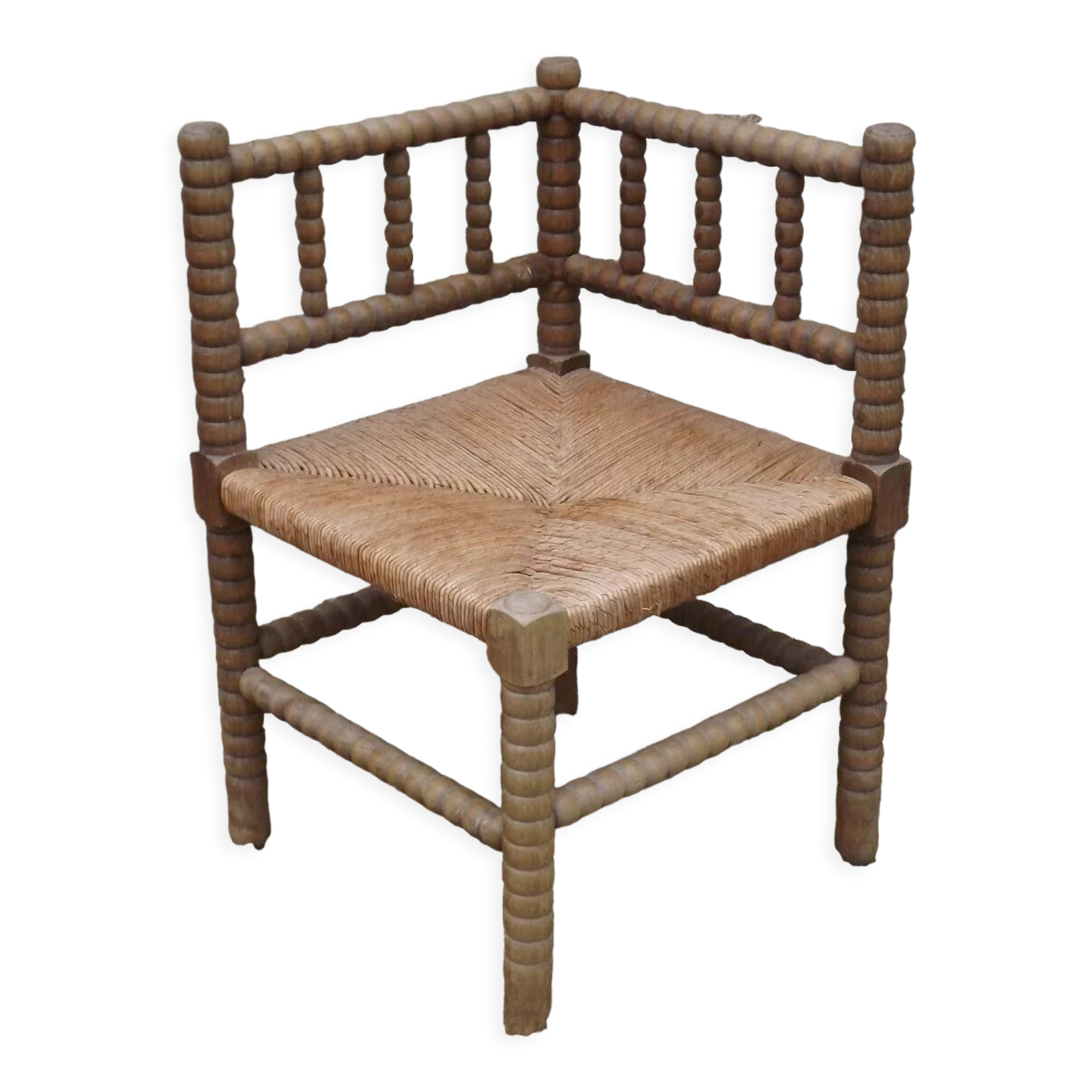 French antique turned wooden bobbin chair with rush seat