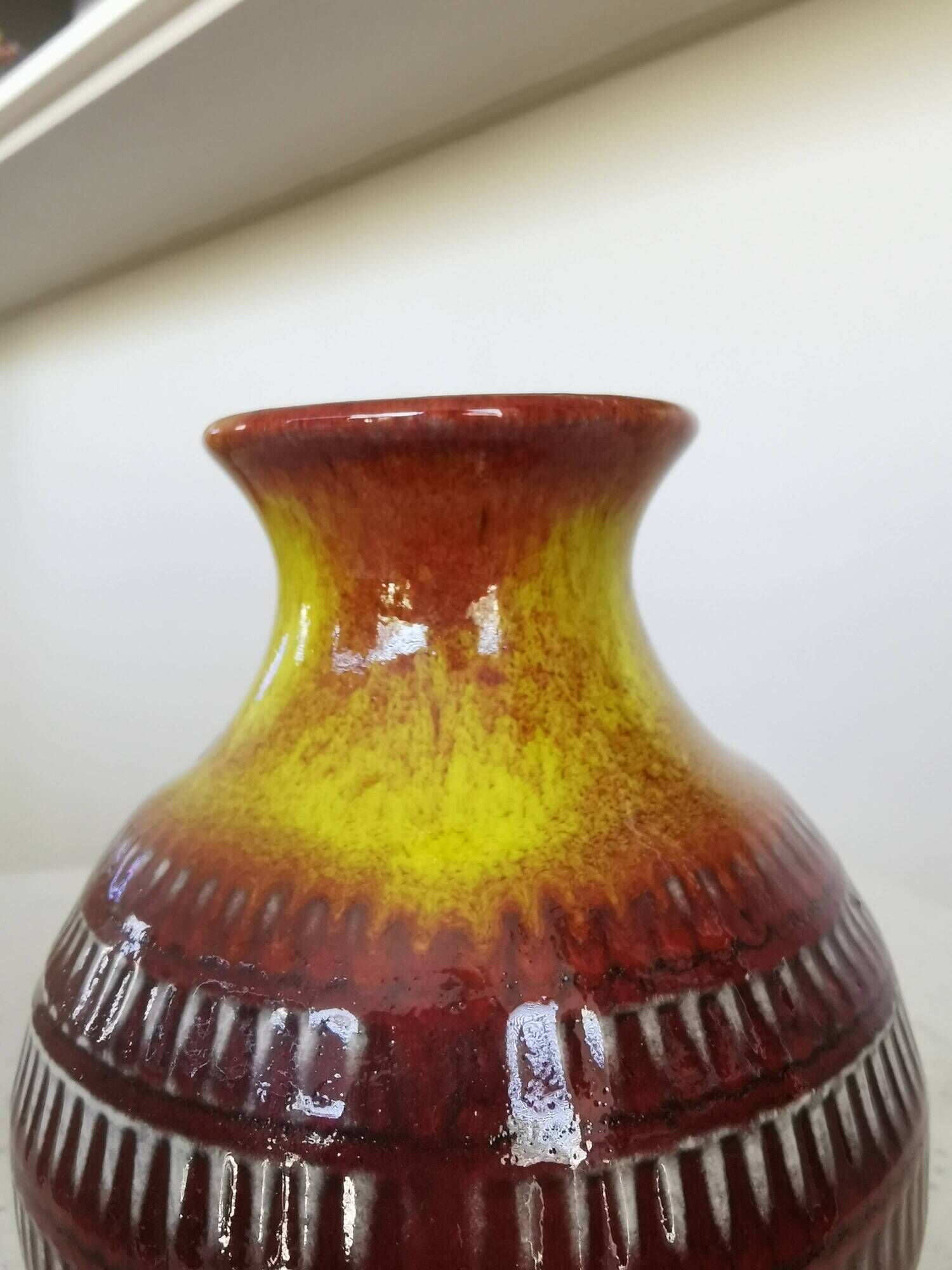 Vintage Scheurich Fat Lava Vase: West German Red & Yellow Pottery