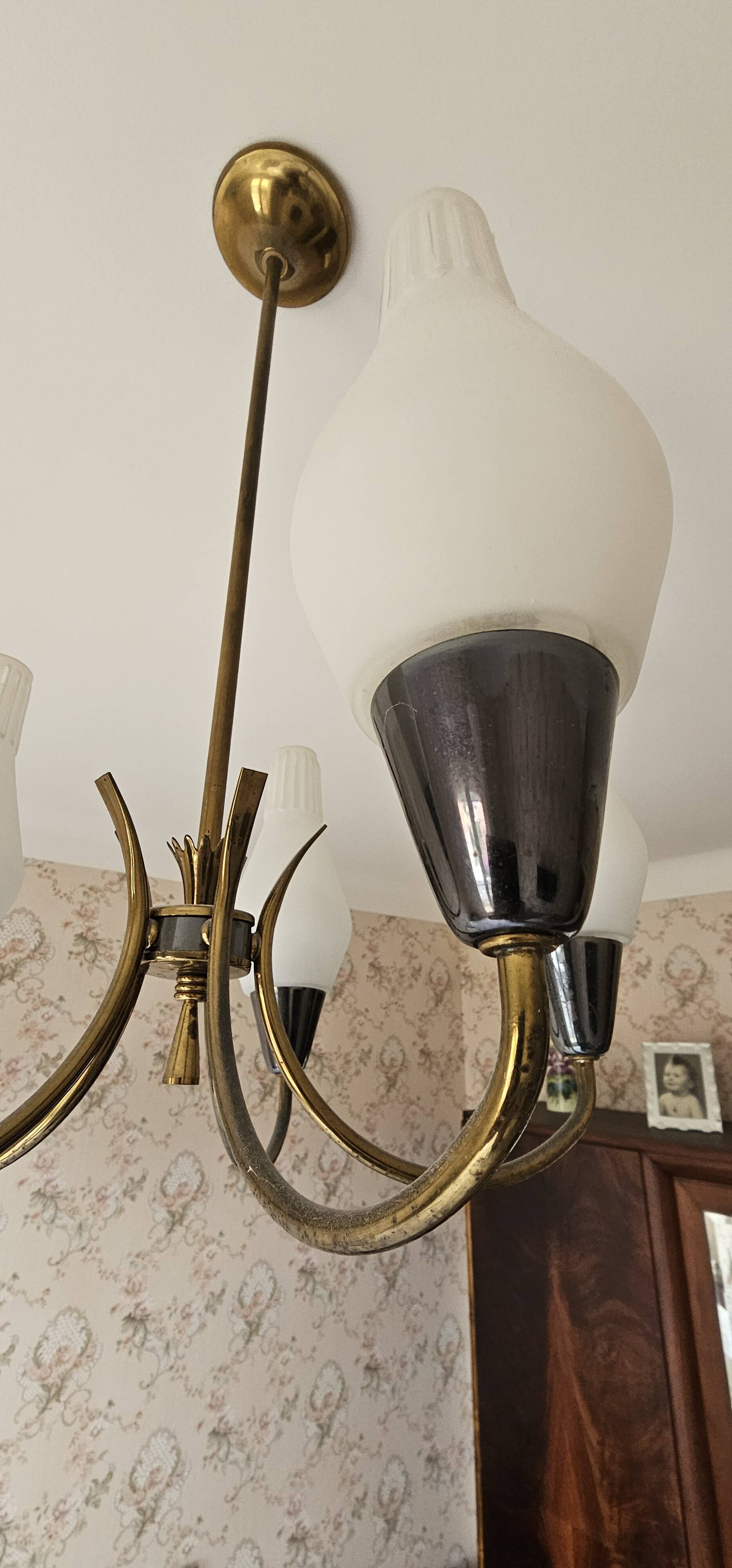 Swedish designer, chandelier, brass, glass, Sweden, 1950s