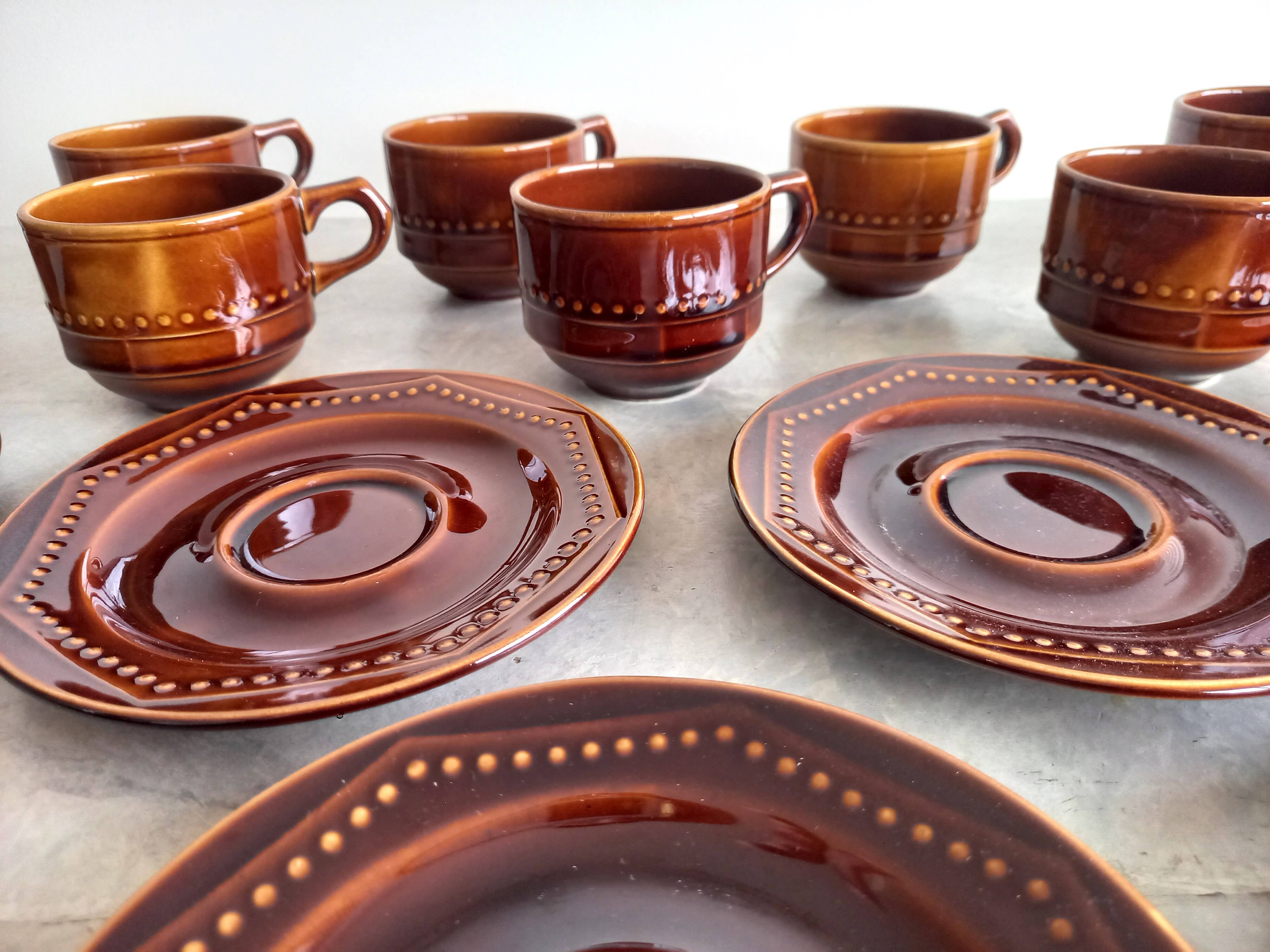 Set of 8 Vintage (1970) Belgian Brown Coffee/Tea Cups and Saucers