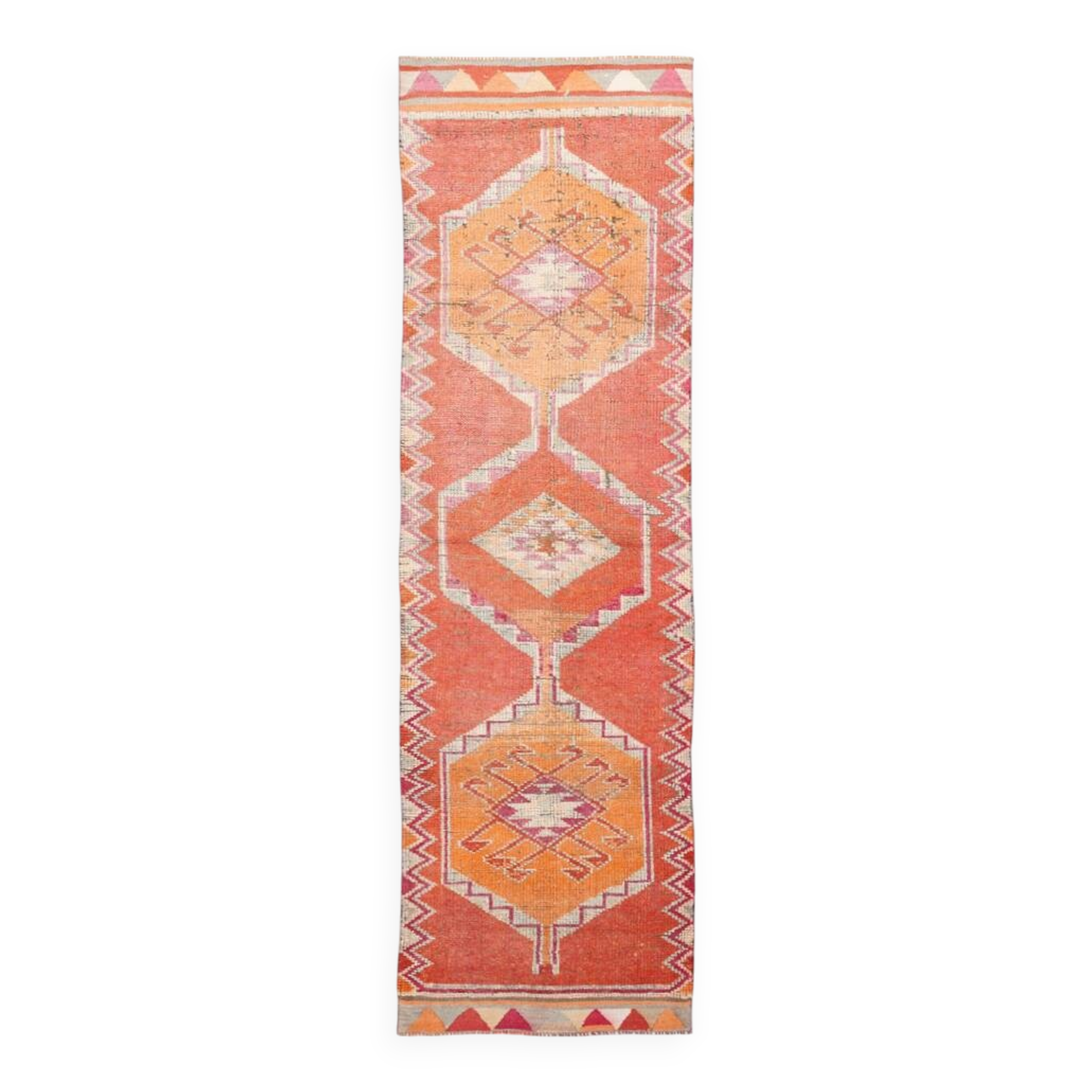 3x11 Runner Coral Red Vintage Runner Rug, Wool Corridor Rug, 94x329Cm
