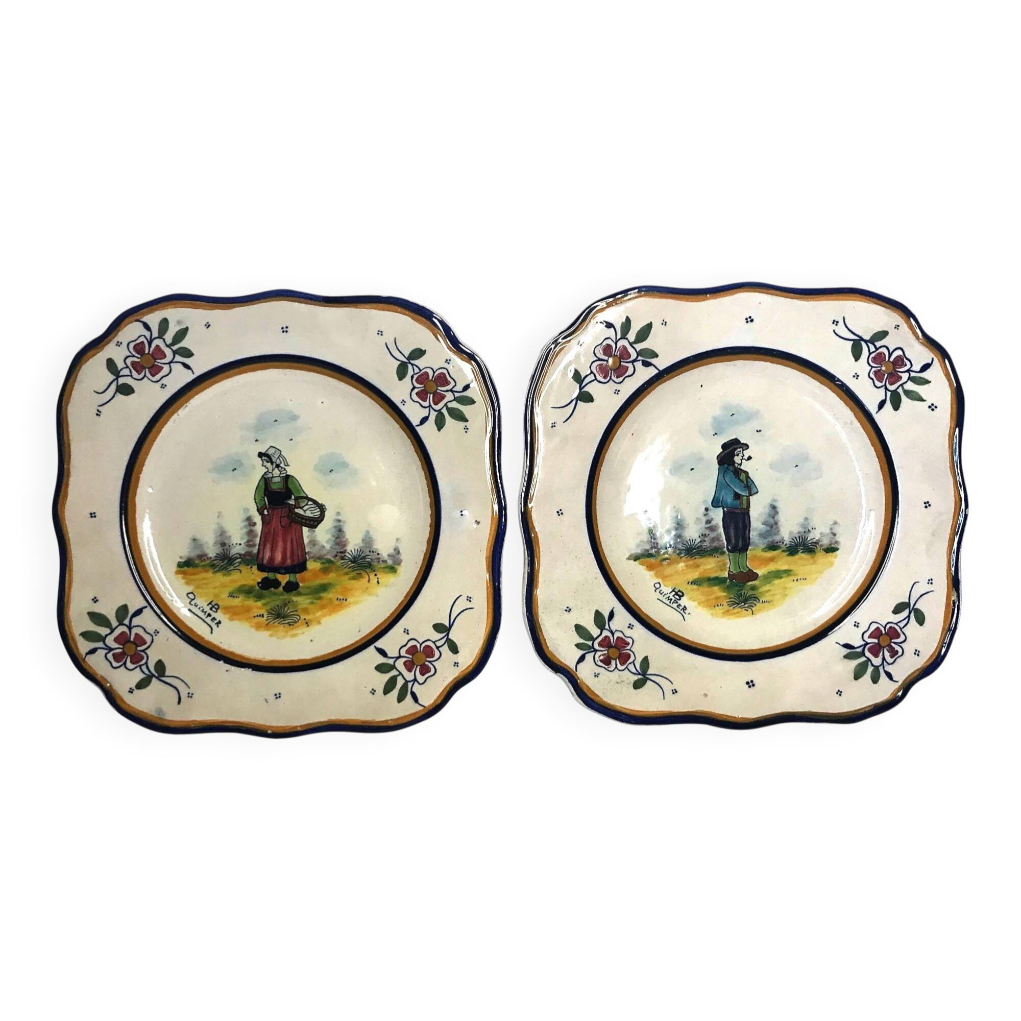 Quimper HB two square plates of Breton peasants from the early 20th century