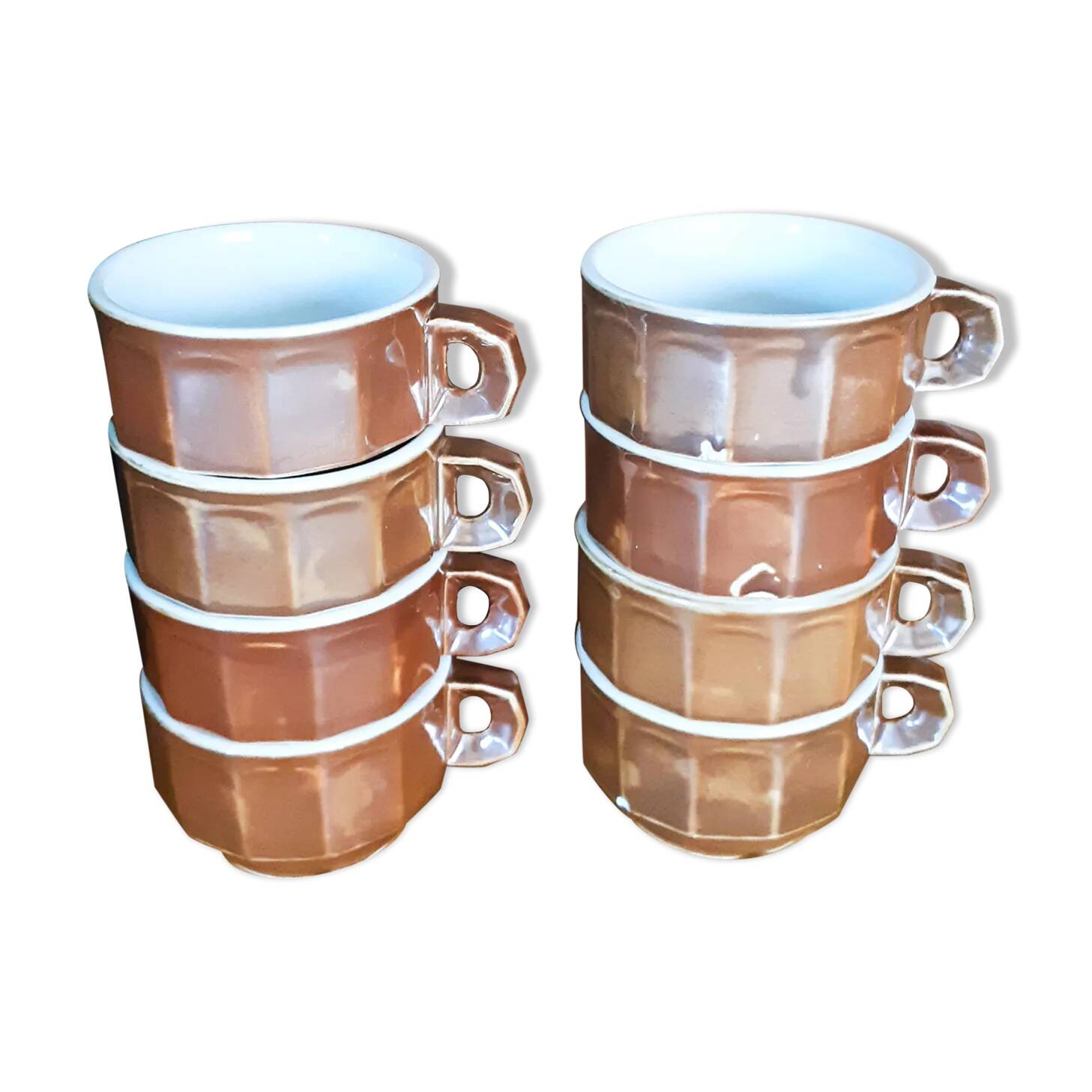 8 tasses à café de bistrot marron et blanche, en porcelaine, vintage