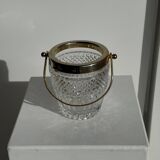 Small golden glass ice bucket with diamond point design and its scoop.