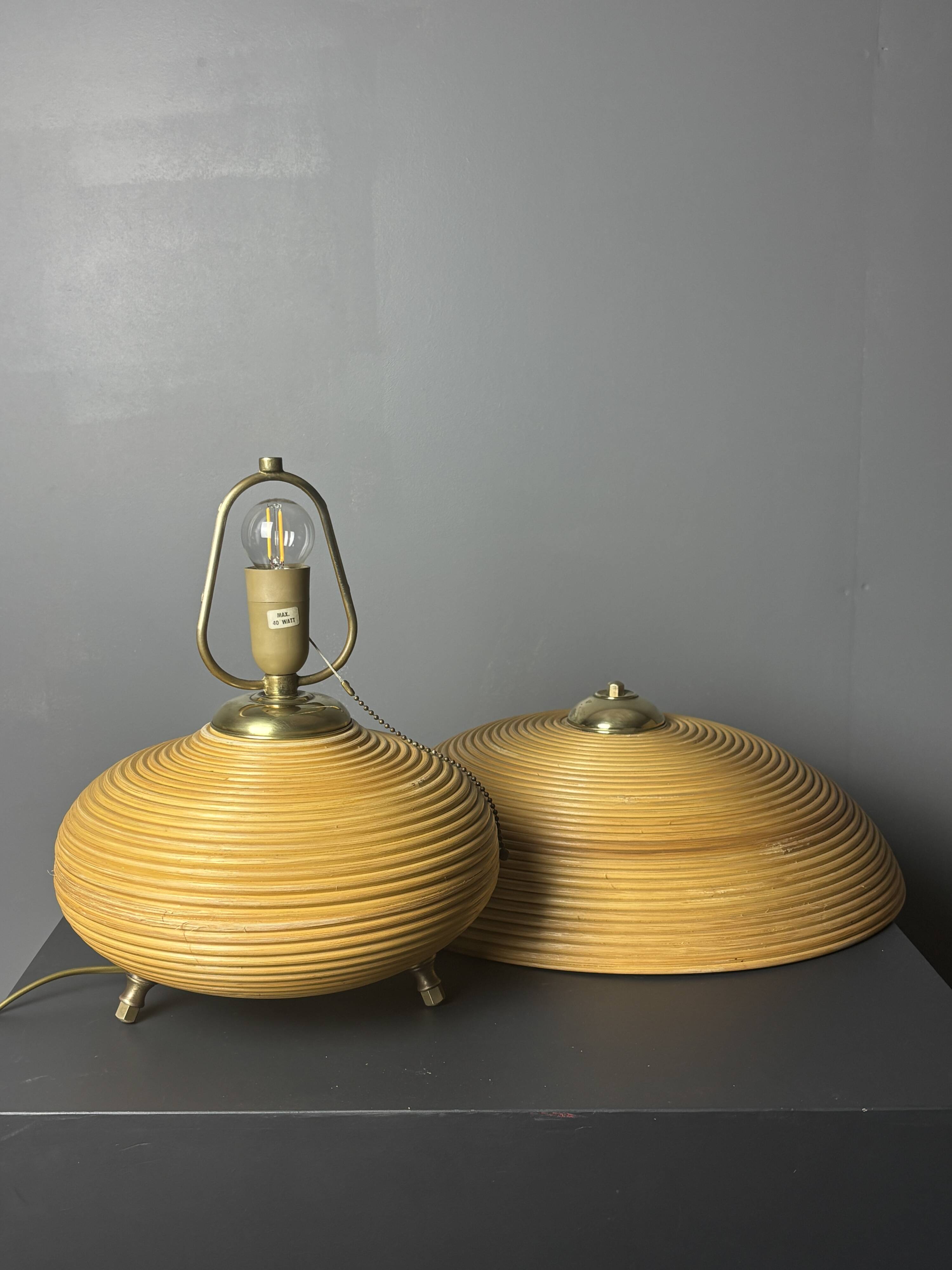 Pencil Reed Rattan Bamboo and Brass Mushroom Table Lamp, Italy, 1970s
