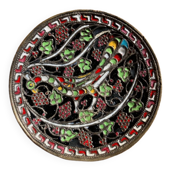 Coupelle Byzantine G. Halkides en émaux cloisonnés sur bronze & cuivre motif paon