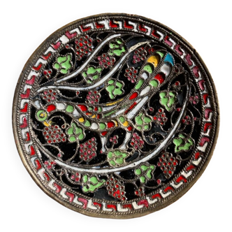 Coupelle Byzantine G. Halkides en émaux cloisonnés sur bronze & cuivre motif paon
