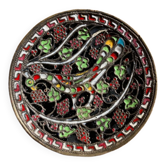 Byzantine bowl G. Halkides in cloisonné enamel on bronze & copper with peacock motif