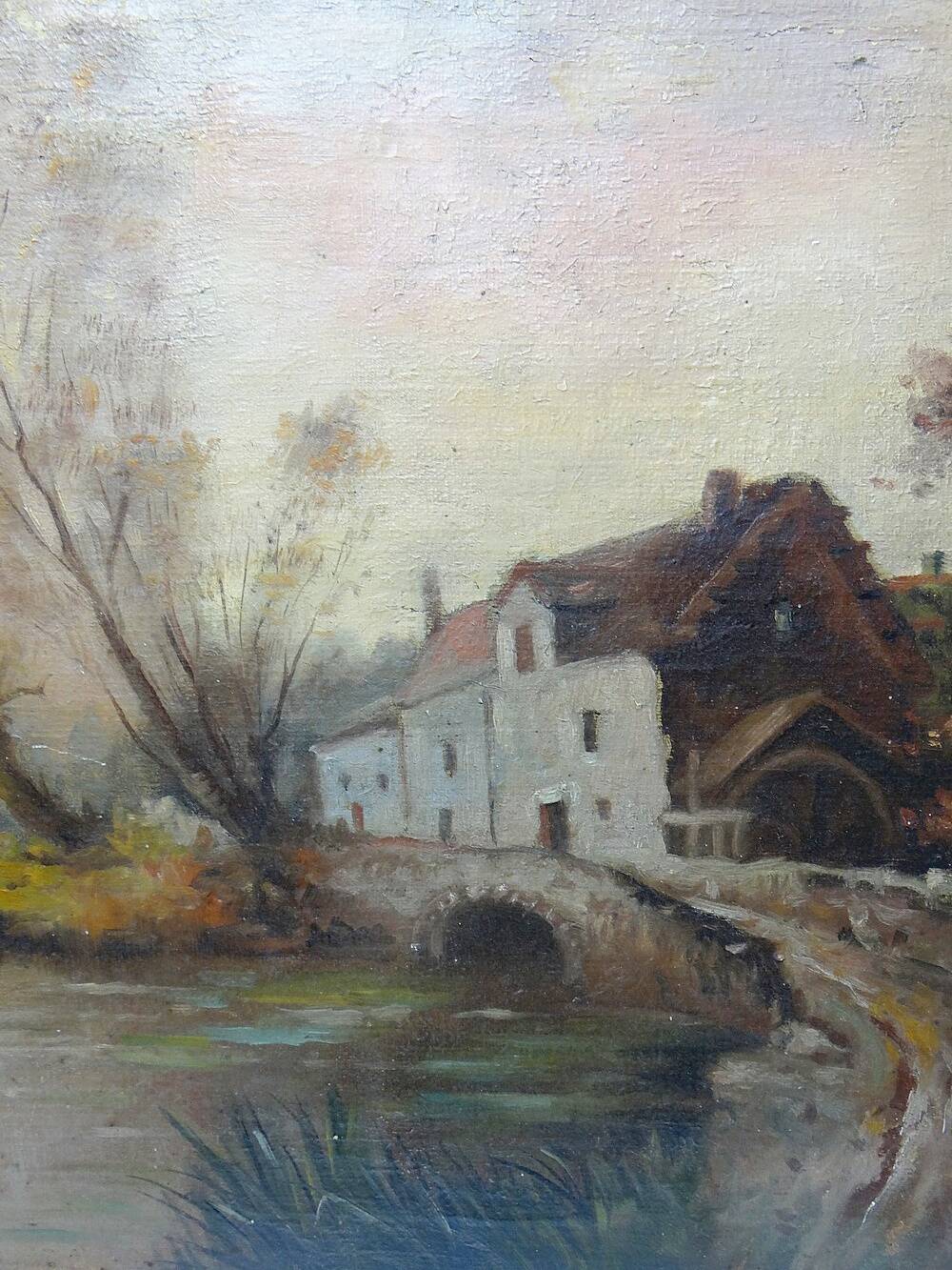 Large painting farm on pond old 19th century signature oil on linen canvas
