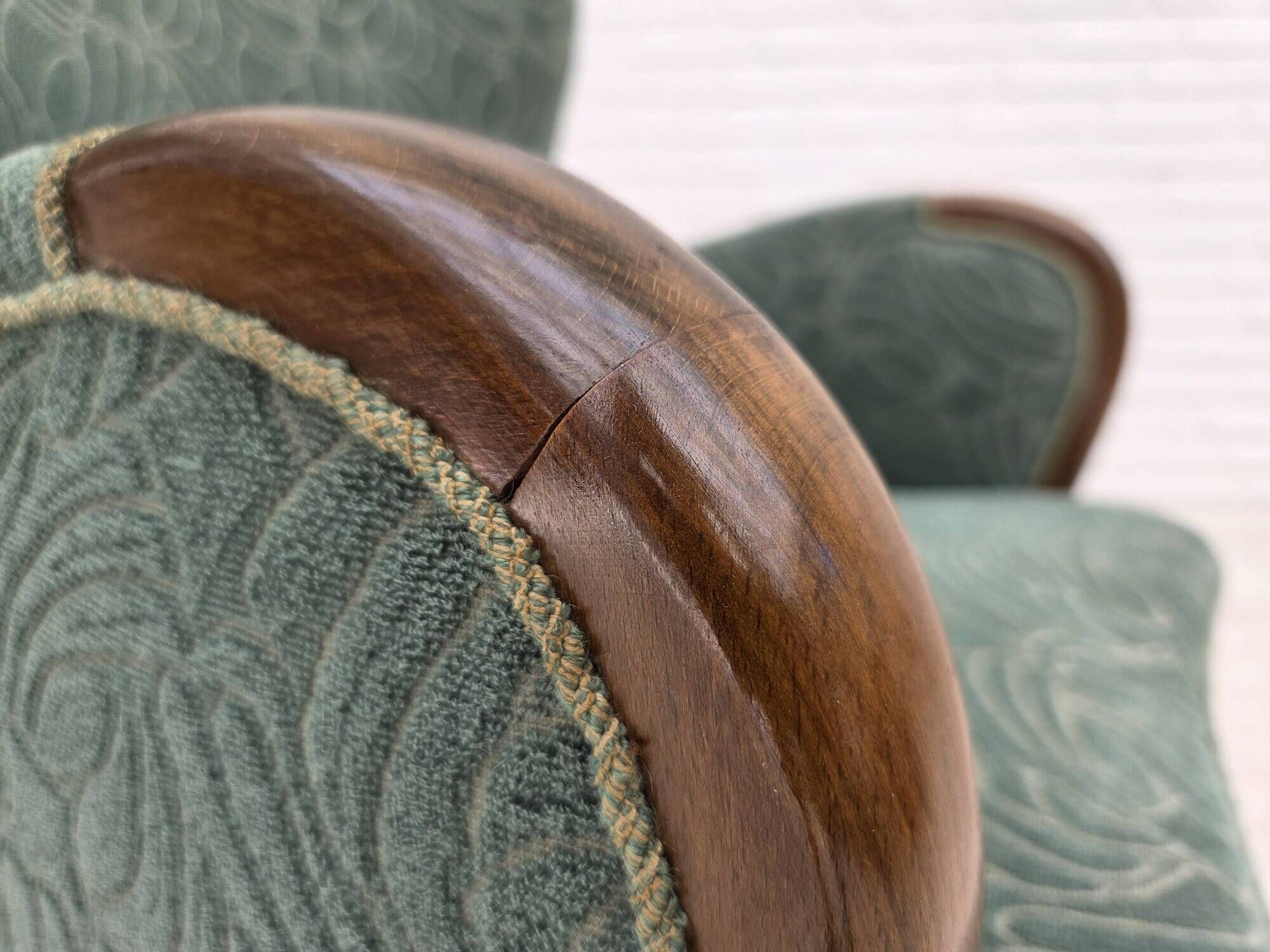 1960s, Danish armchair, green furniture velour, beech wood.