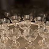 Baccarat, set of 10 engraved crystal champagne glasses from 1900.