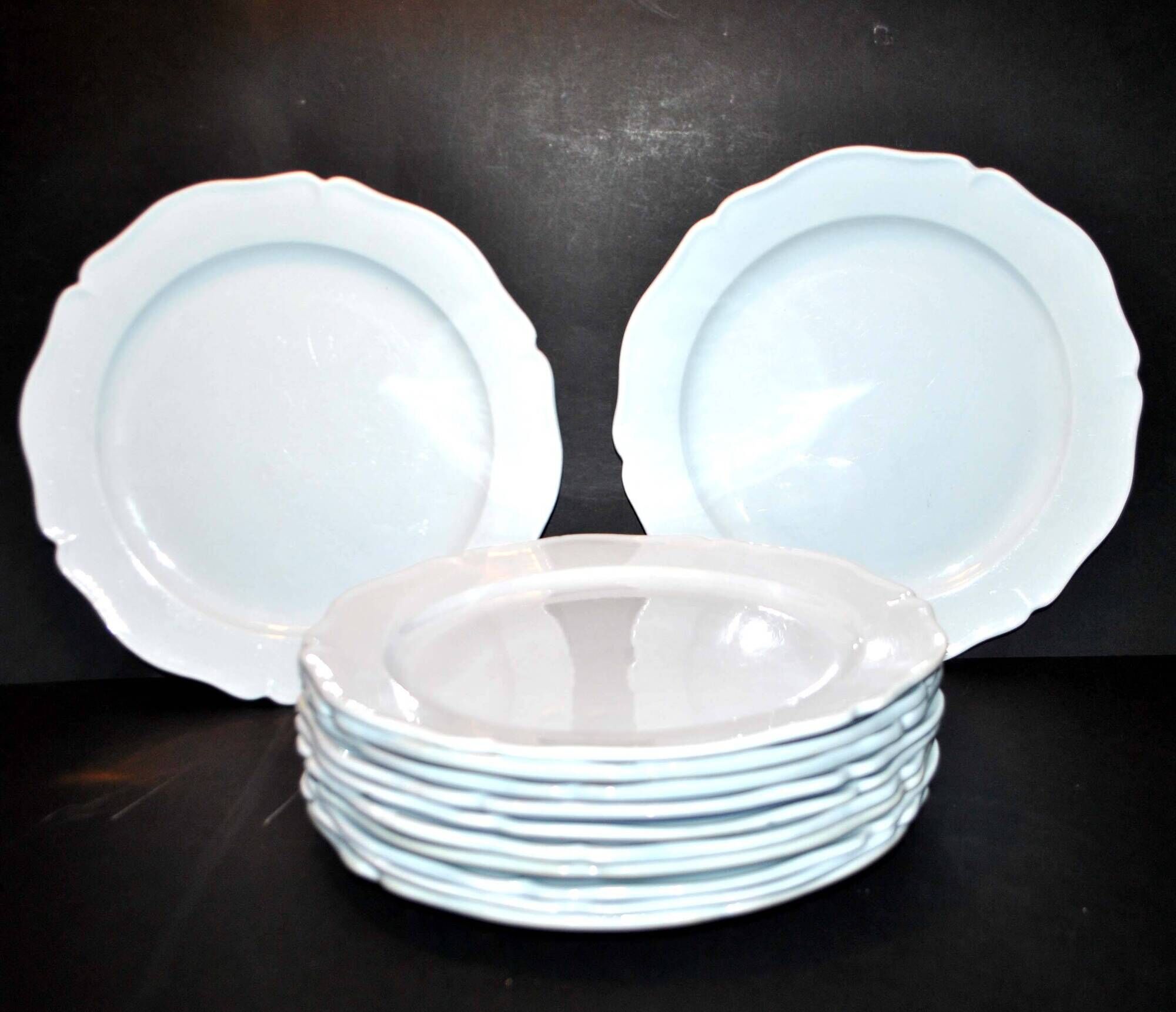MONTEREAU Set of 12 old scalloped flat plates Pastel blue opaque earthenware 1820-30
