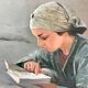 Oil painting on canvas portrait young girl who reads signed