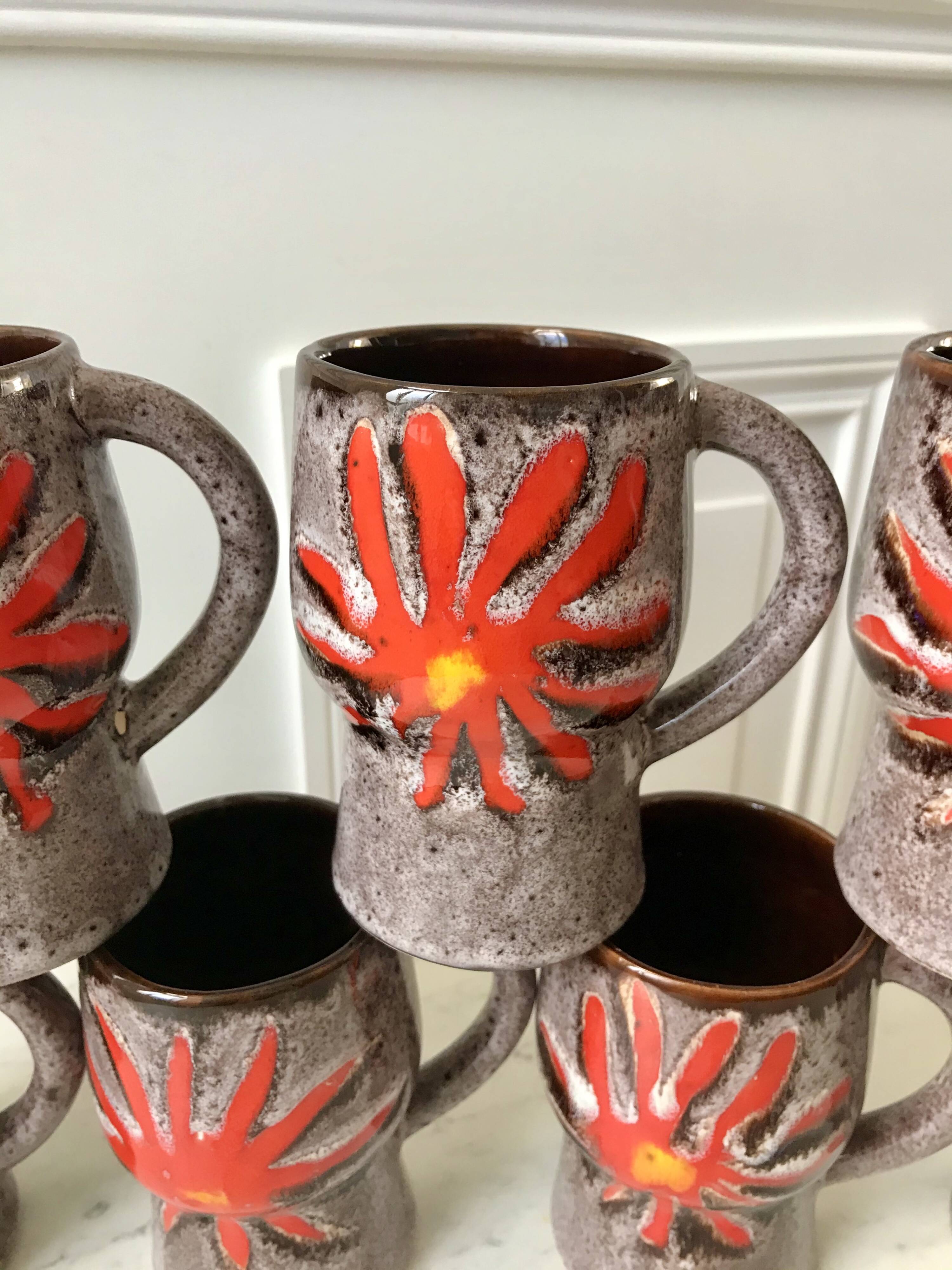 Set of 7 fat lava glazed ceramic mugs signed poët laval 70s