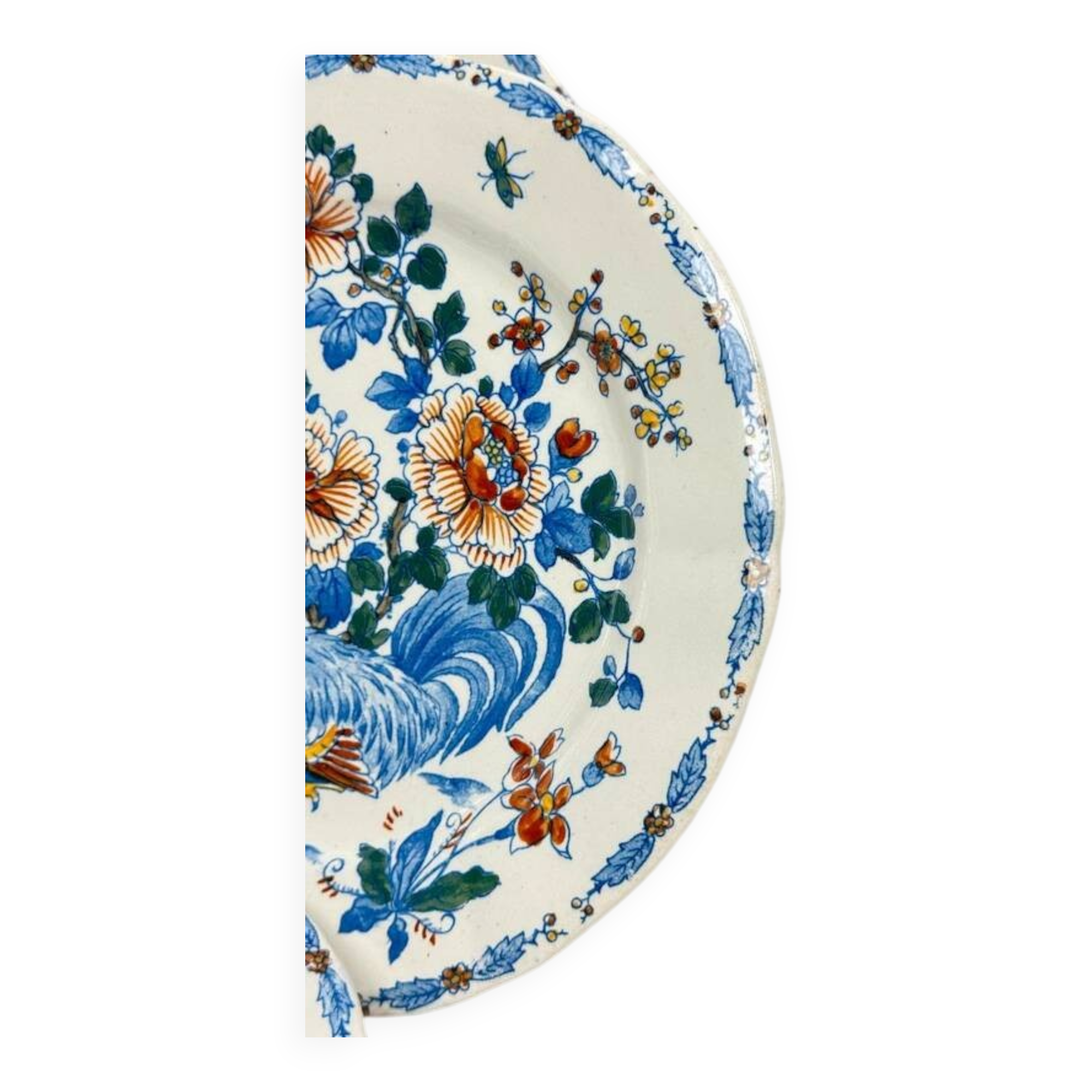 Set of 6 Gien flat plates with rooster and peony decoration, earthenware, 1875