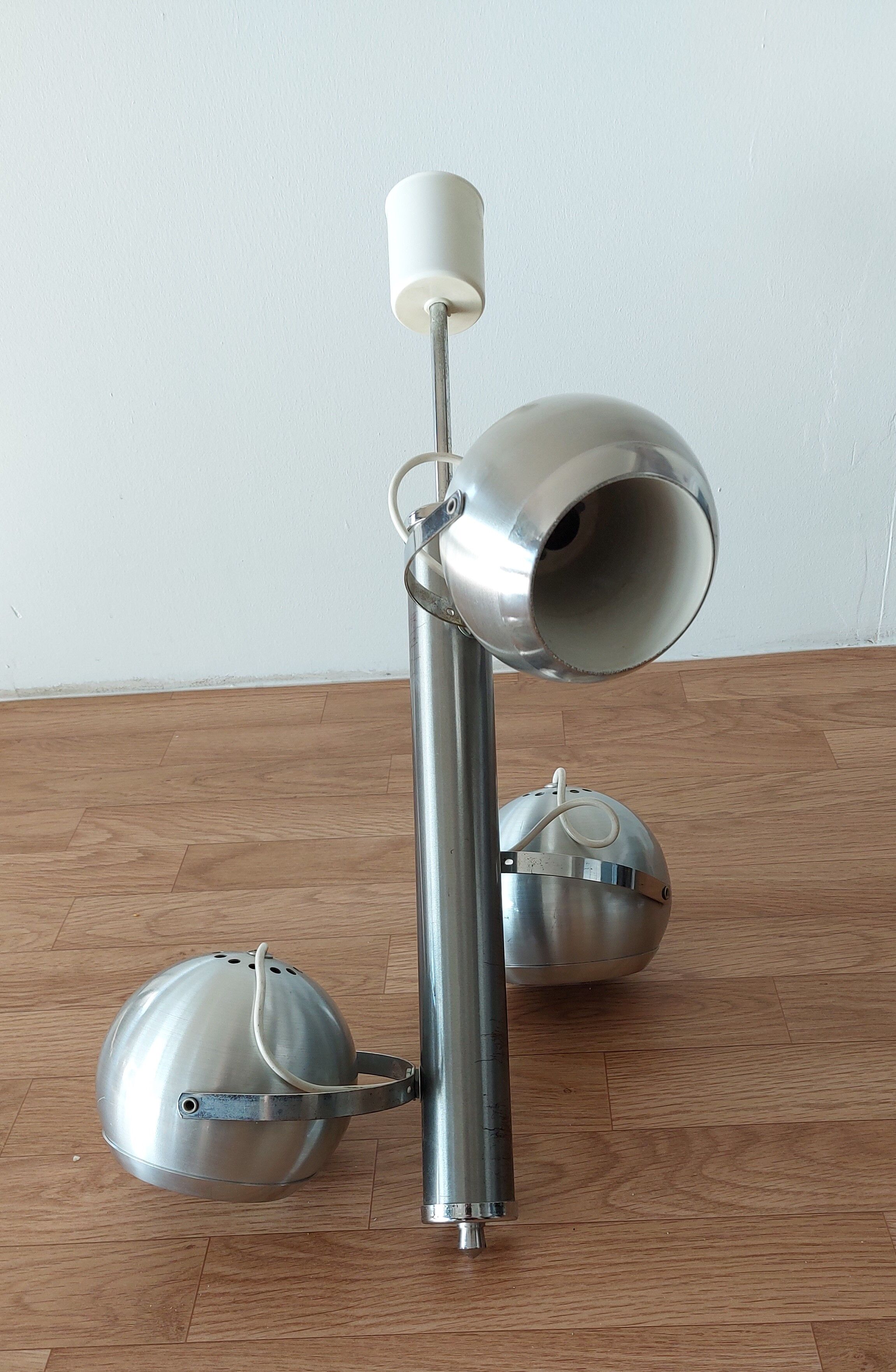 Italian chandelier with three lights in brushed aluminum 1970 "Eyeball"