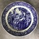 Blue enamelled earthenware wall dish with peasant scene decor Boch La Louvière
