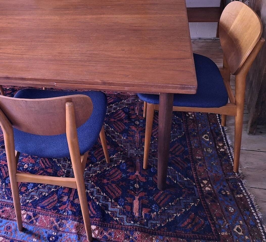 Pair of teak dining chairs with navy blue covers, Denmark 1960s